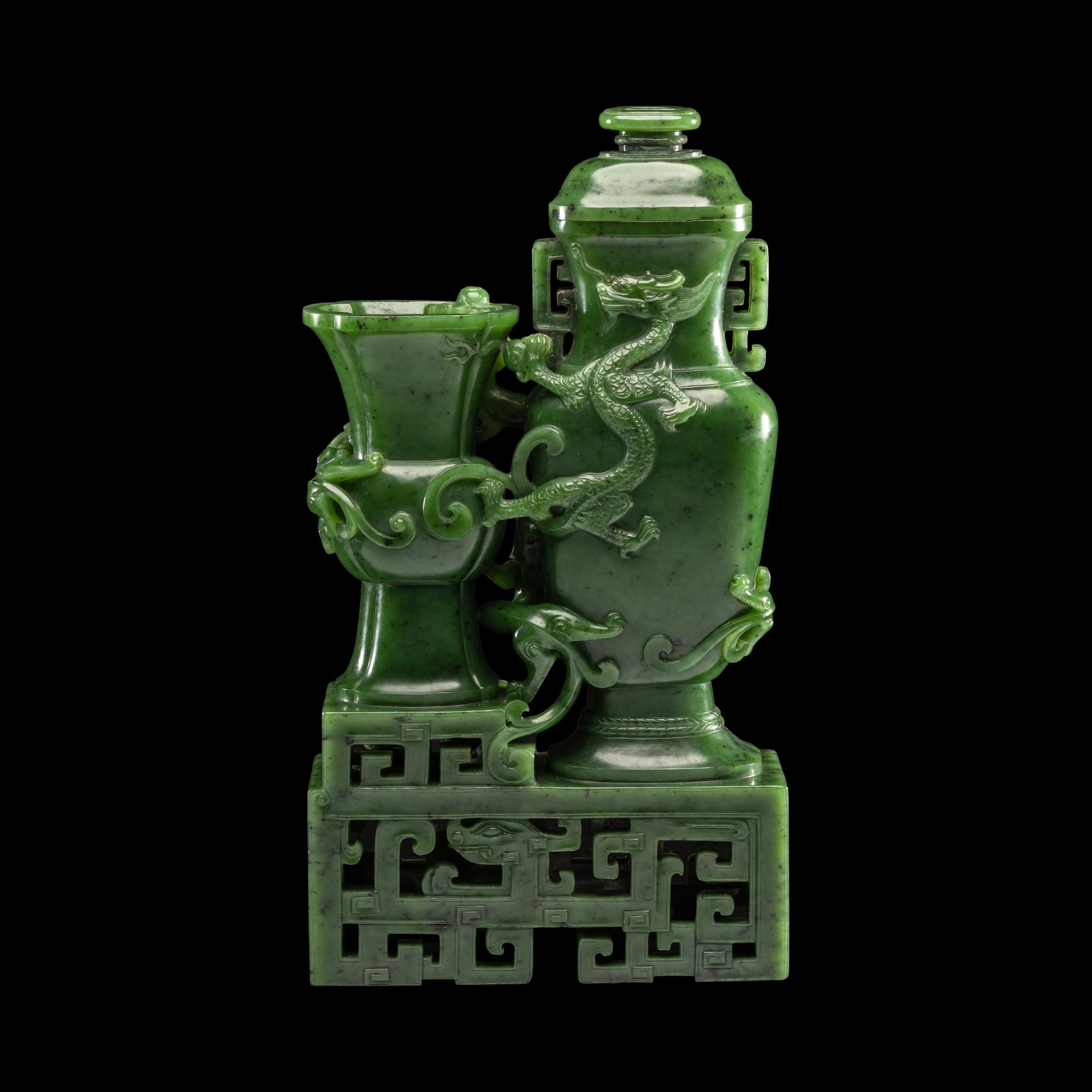 A Chinese Spinach Green Jade 'Dragon' Double Vase, Qianlong Mark 乾隆年制款碧玉雙聯瓶