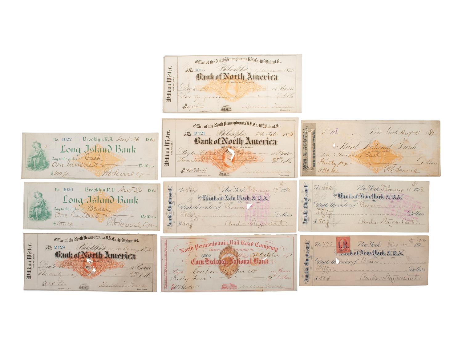 [AUTOGRAPHS]. Checks signed by artistic, literary, & political persons incl. KIPLING and GREELEY.