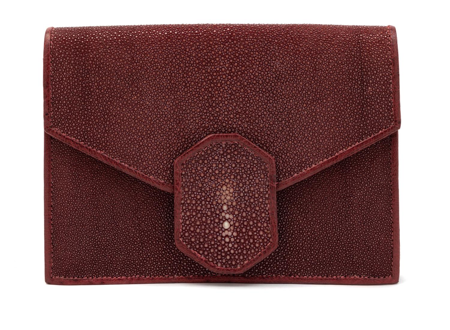 J.P. Renard Maroon Shagreen & Ostrich Clutch, 1980-90s
