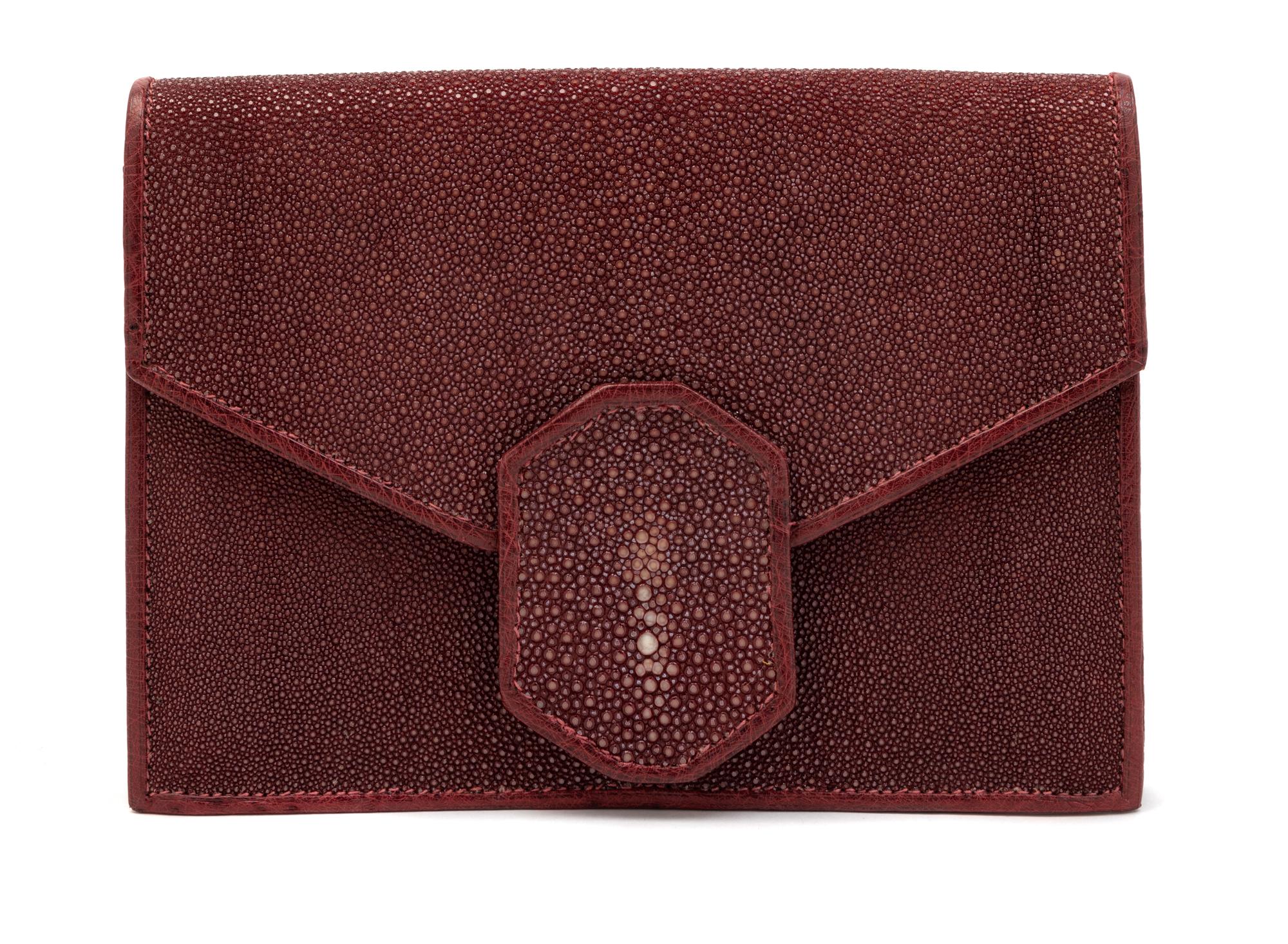 J.P. Renard Maroon Shagreen & Ostrich Clutch, 1980-90s