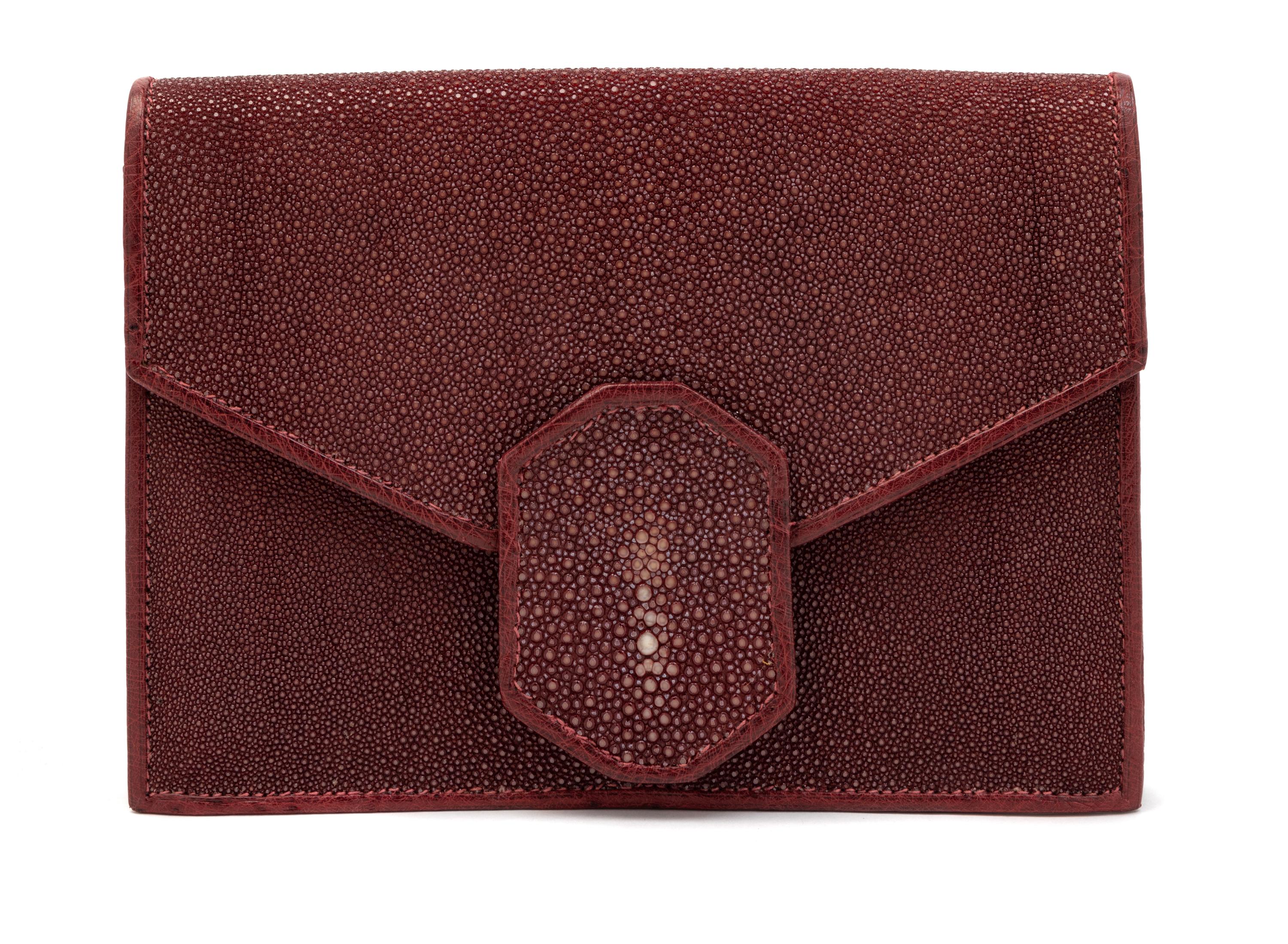 J.P. Renard Maroon Shagreen & Ostrich Clutch, 1980-90s