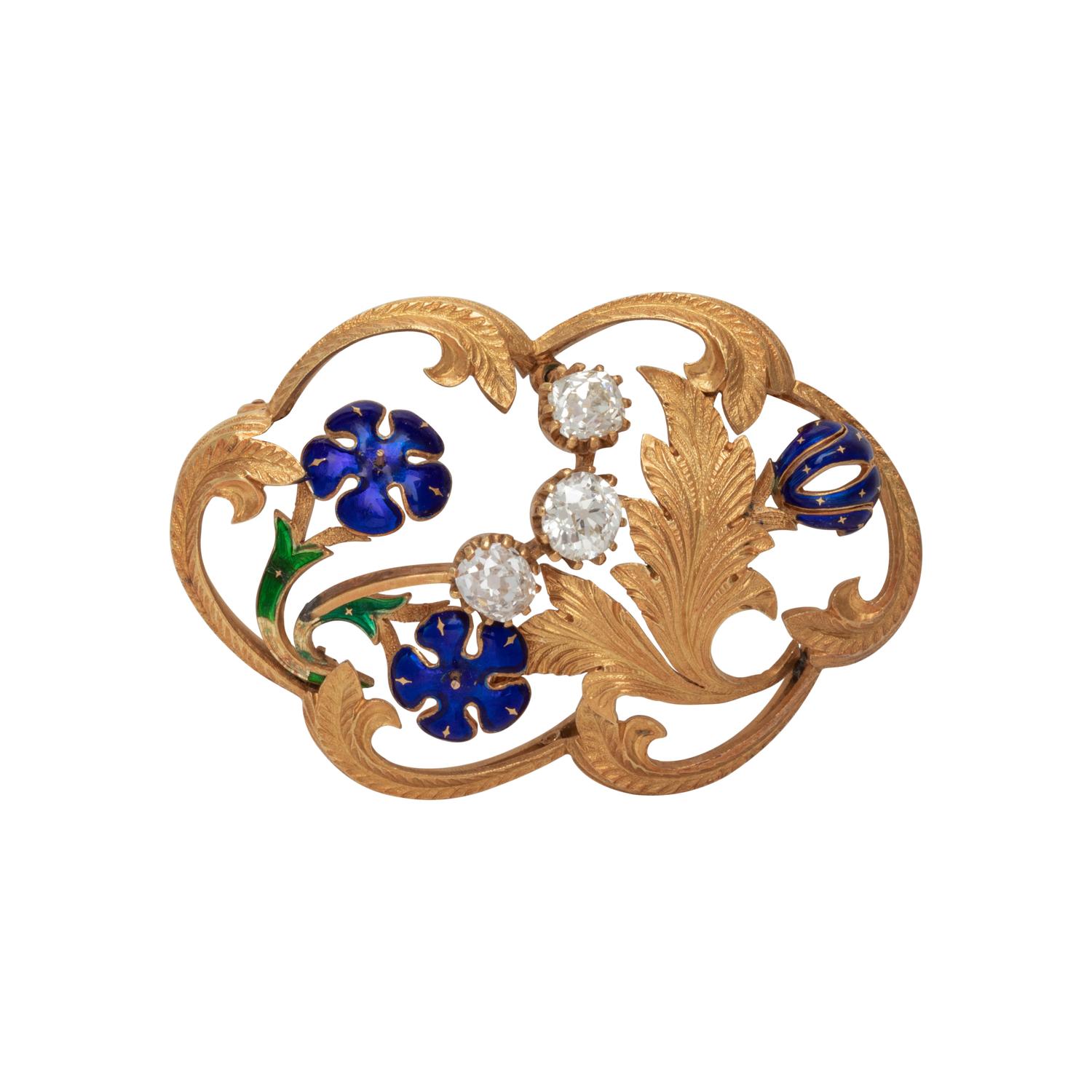 ANTIQUE, YELLOW GOLD, DIAMOND AND ENAMEL FLORAL BROOCH