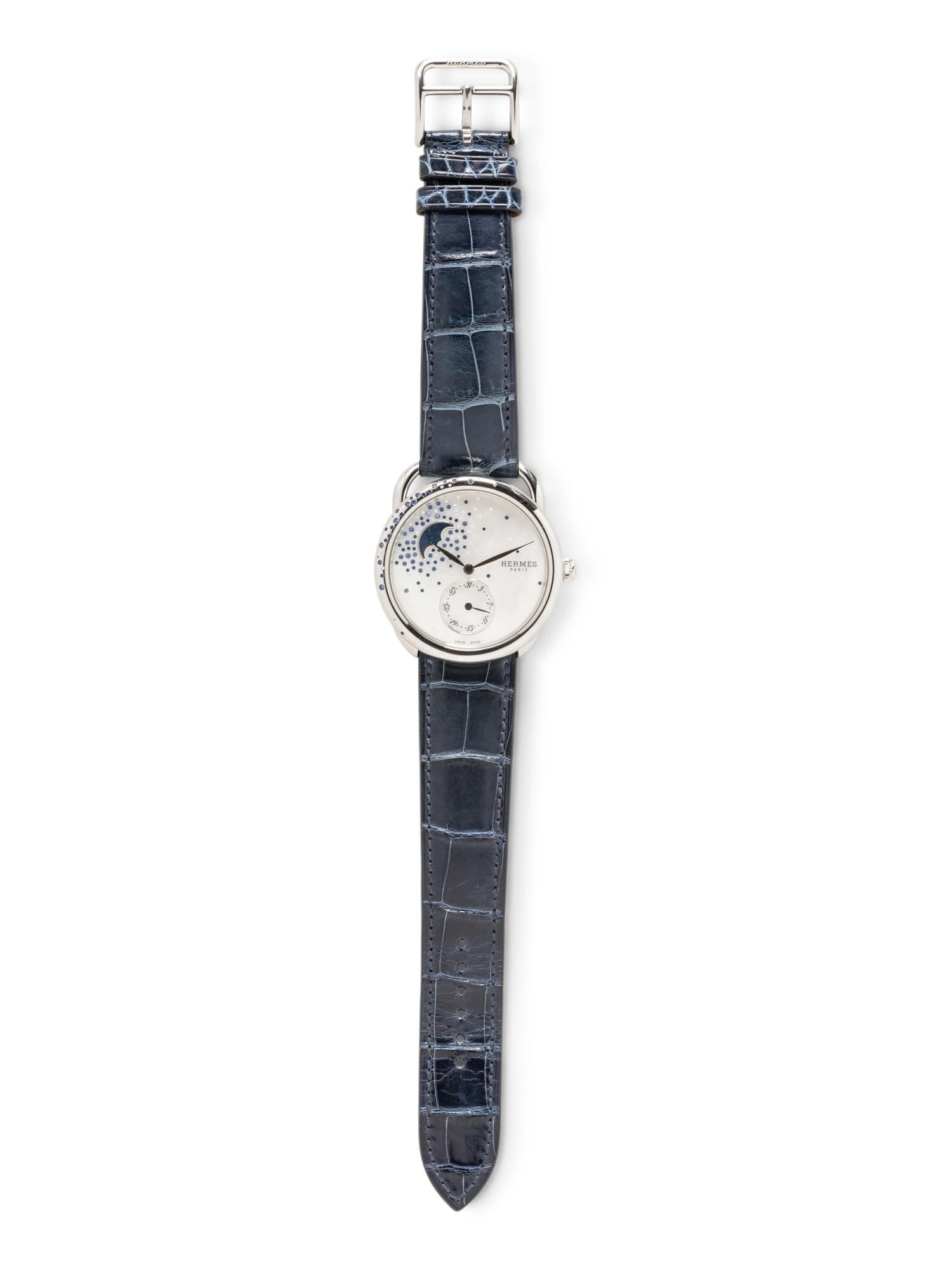 HERMÈS, REF. AR7.130 STAINLESS STEEL, DIAMOND, AND SAPPHIRE 'ARCEAU PETITE LUNE' MOONPHASE DATE WATCH