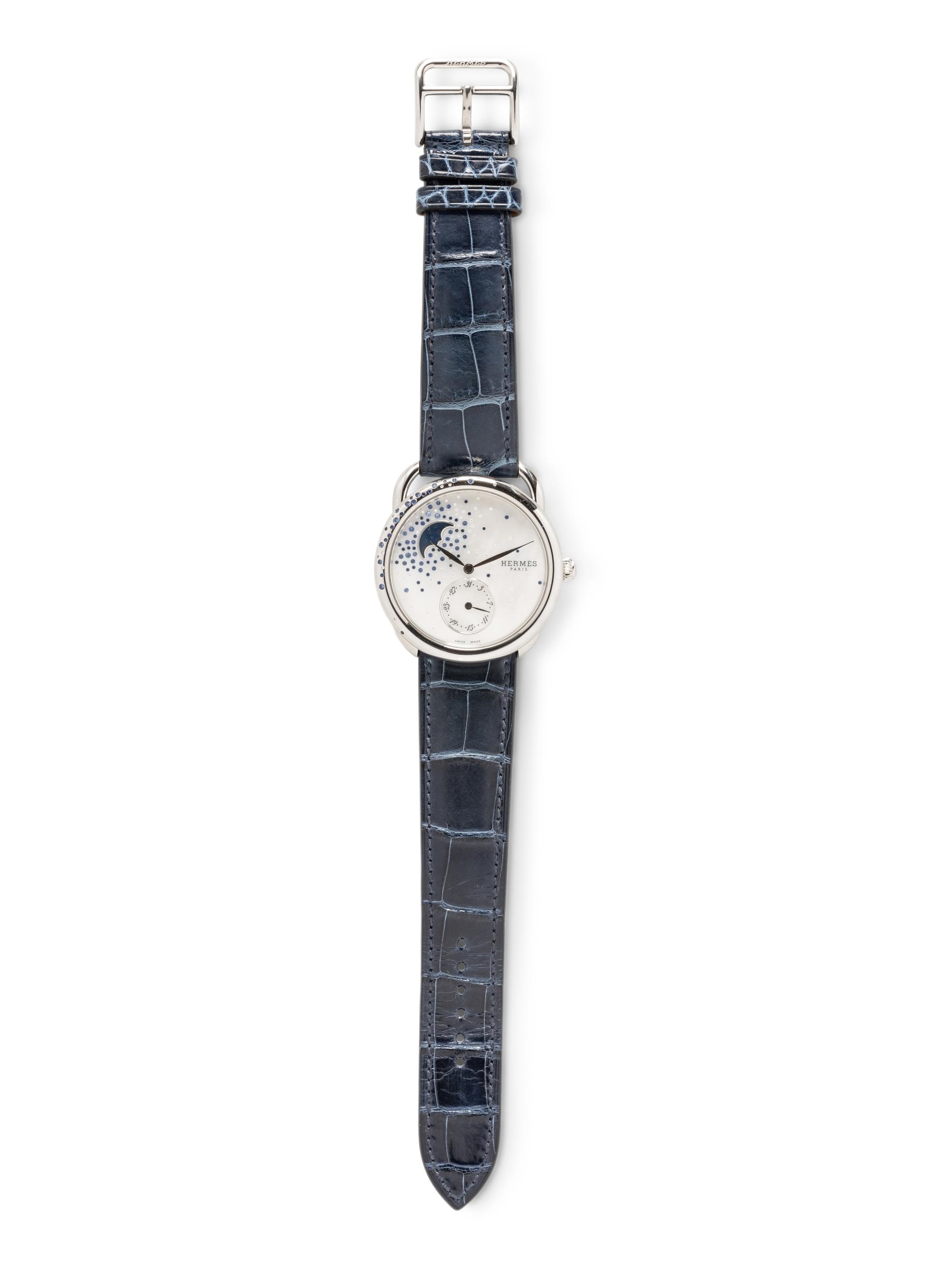 HERMÈS, REF. AR7.130 STAINLESS STEEL, DIAMOND, AND SAPPHIRE 'ARCEAU PETITE LUNE' MOONPHASE DATE WATCH