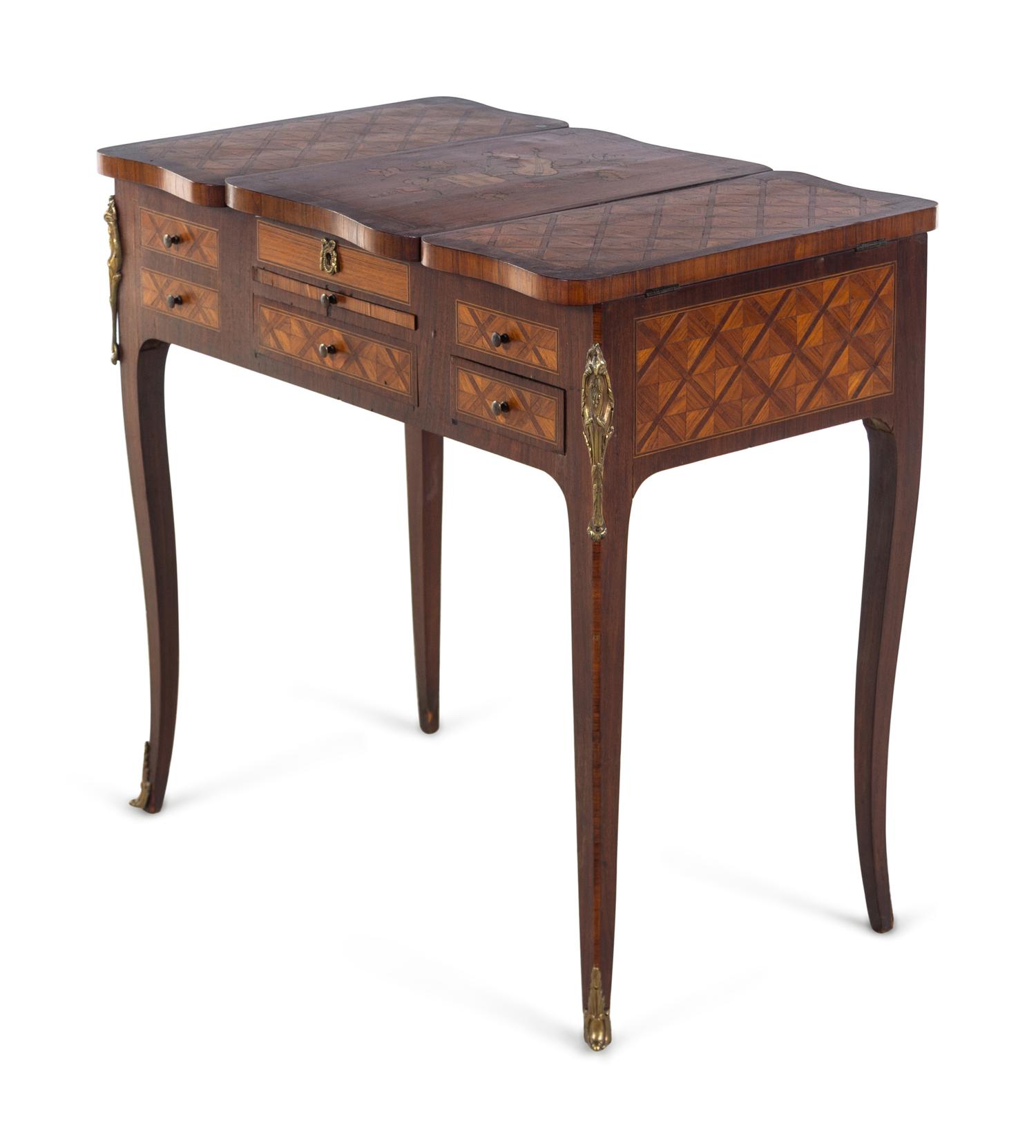 A Louis XV/XVI Transitional Style Gilt Bronze Mounted Parquetry Poudreuse