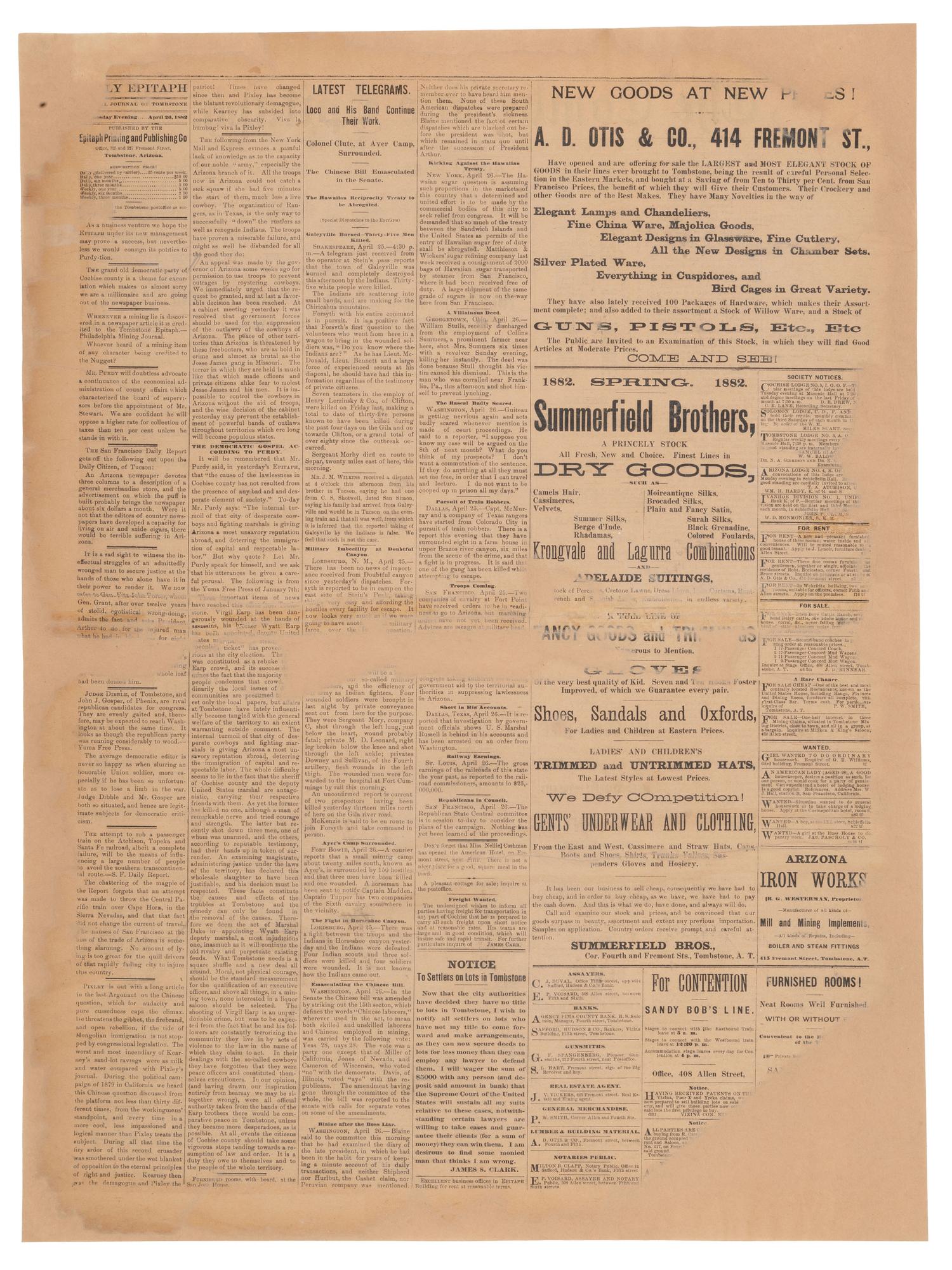 [OUTLAWS & LAWMEN]. The Tombstone Epitaph . Vol. III, No. 81. Tombstone, Arizona Territory: 26 April 1882. Partial issue covering the shooting of Virgil Earp.