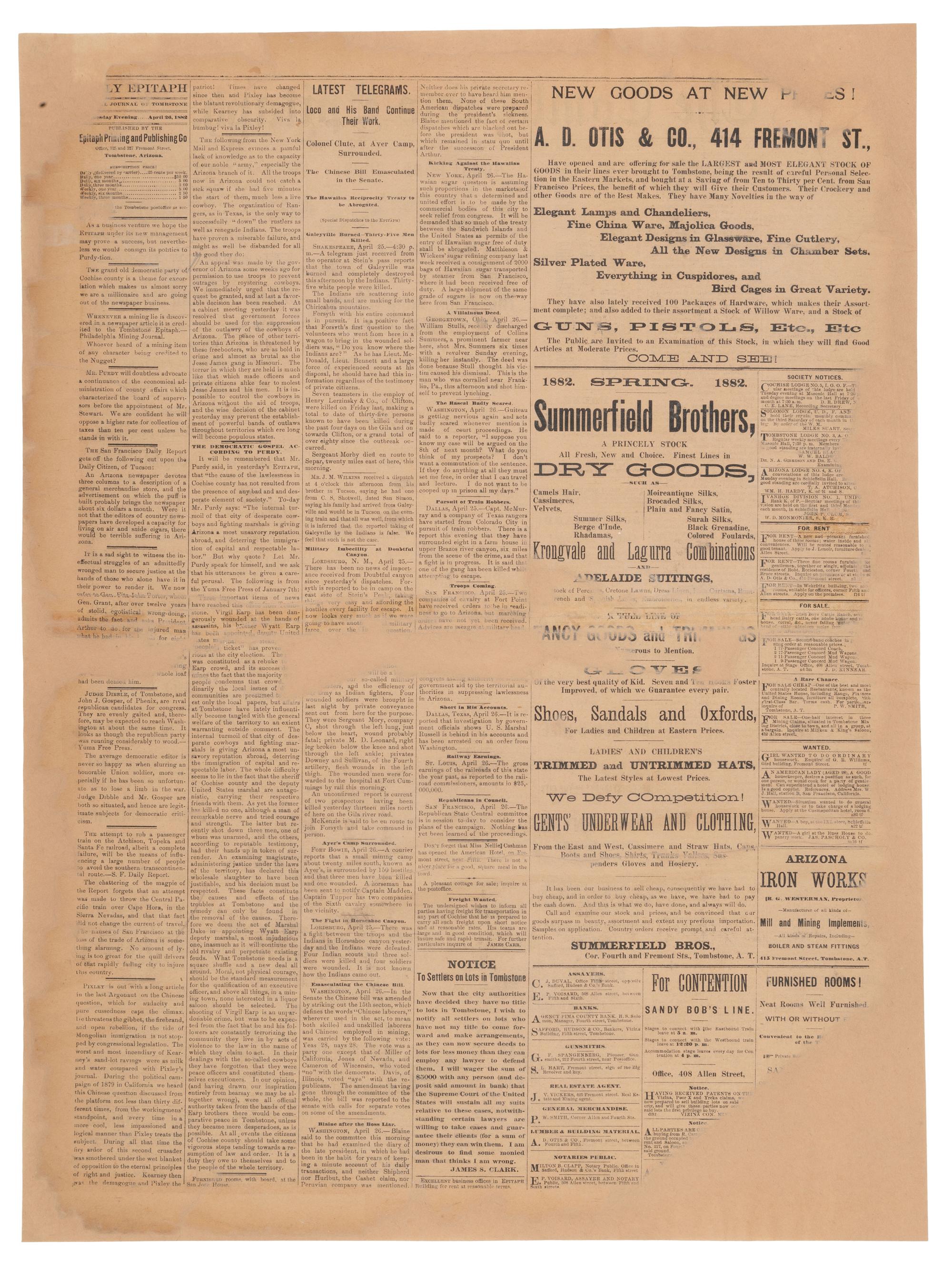 [OUTLAWS & LAWMEN]. The Tombstone Epitaph . Vol. III, No. 81. Tombstone, Arizona Territory: 26 April 1882. Partial issue covering the shooting of Virgil Earp.
