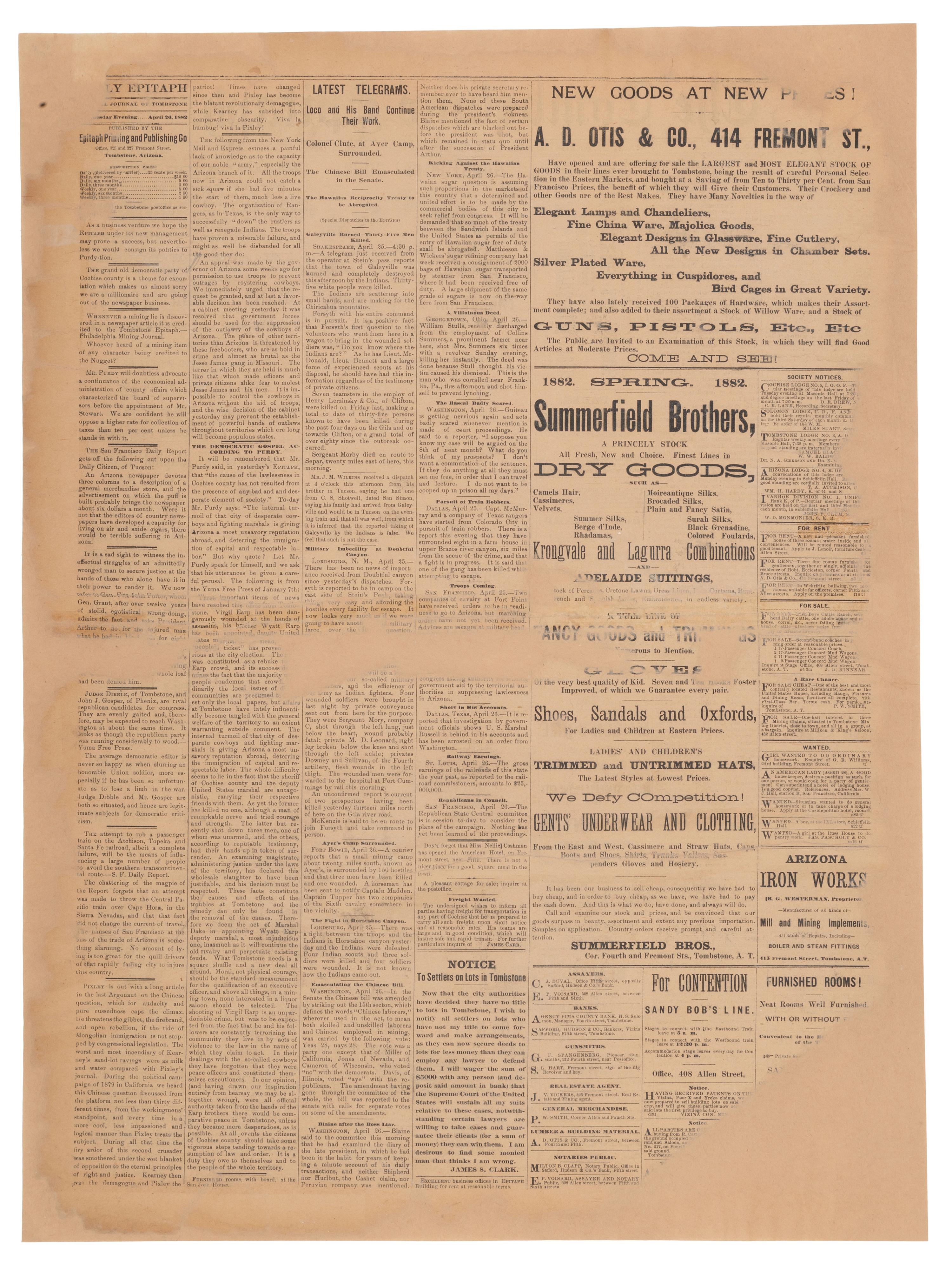[OUTLAWS & LAWMEN]. The Tombstone Epitaph . Vol. III, No. 81. Tombstone, Arizona Territory: 26 April 1882. Partial issue covering the shooting of Virgil Earp.
