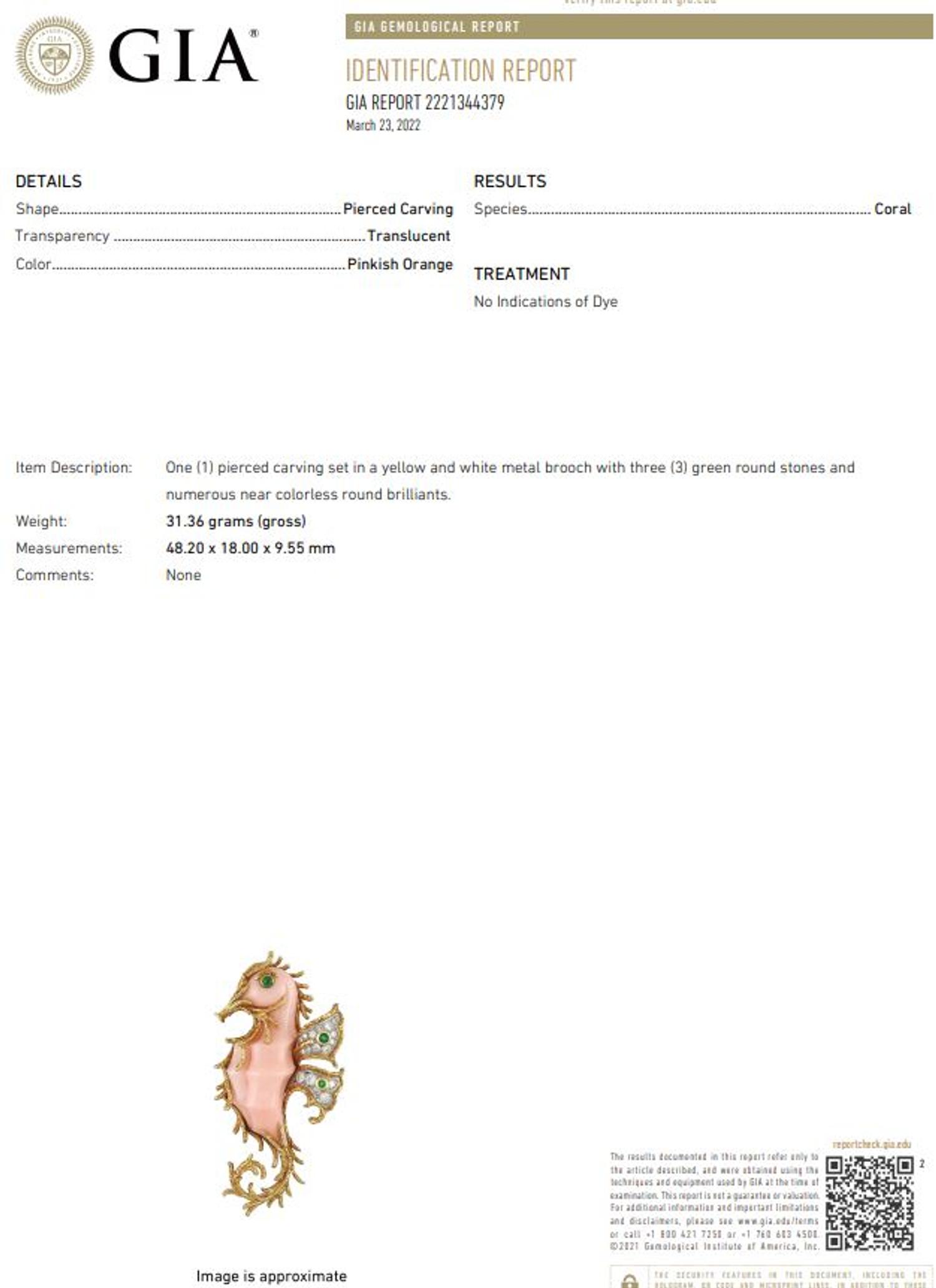 TIFFANY & CO., CORAL, DIAMOND AND EMERALD SEAHORSE BROOCH