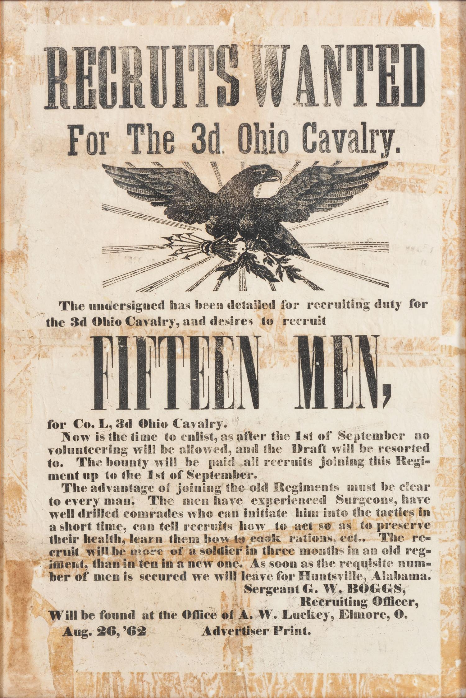 Recruits Wanted For The 3d Ohio Cavalry . Elmore, OH: 26 August 1862.