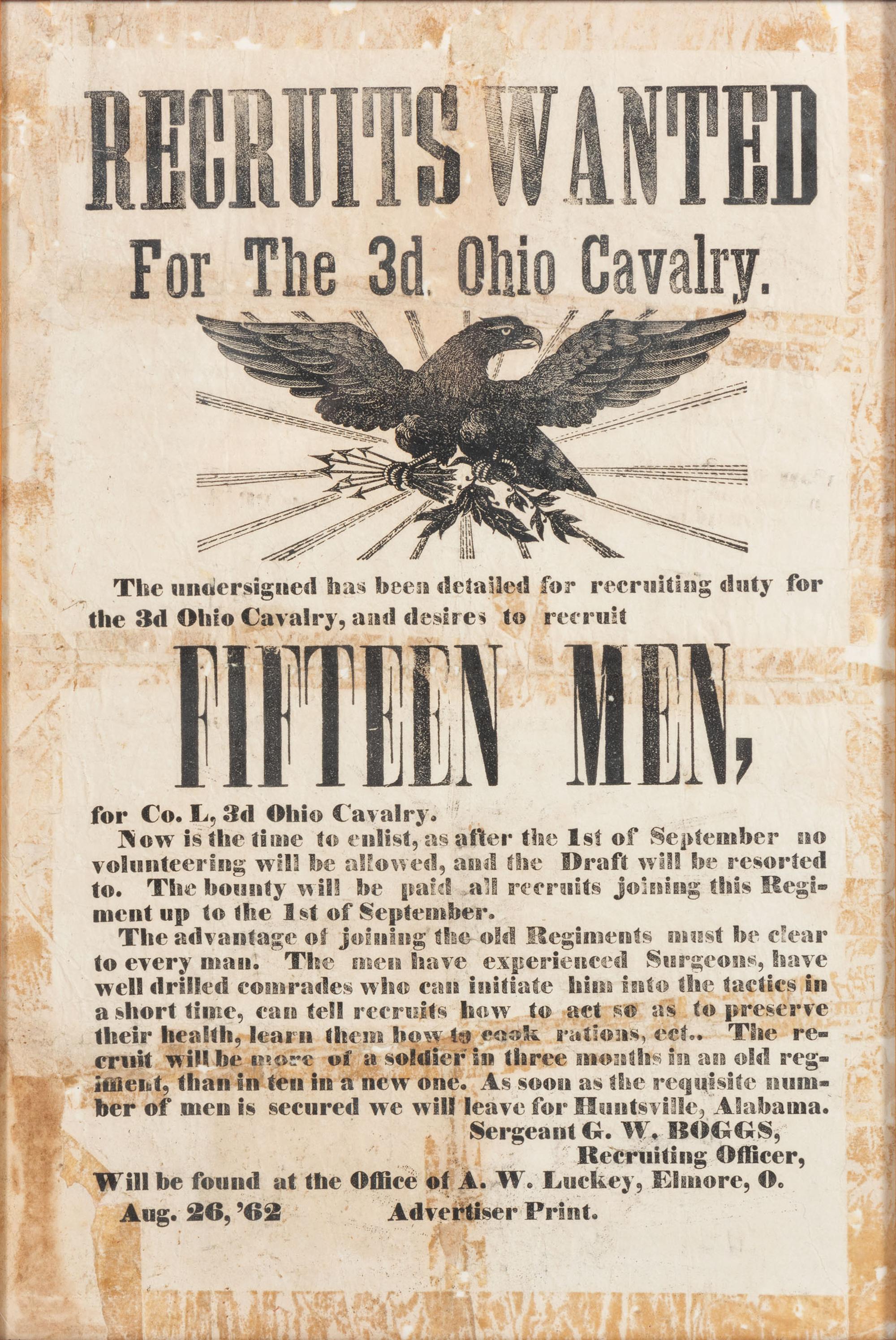 Recruits Wanted For The 3d Ohio Cavalry . Elmore, OH: 26 August 1862.
