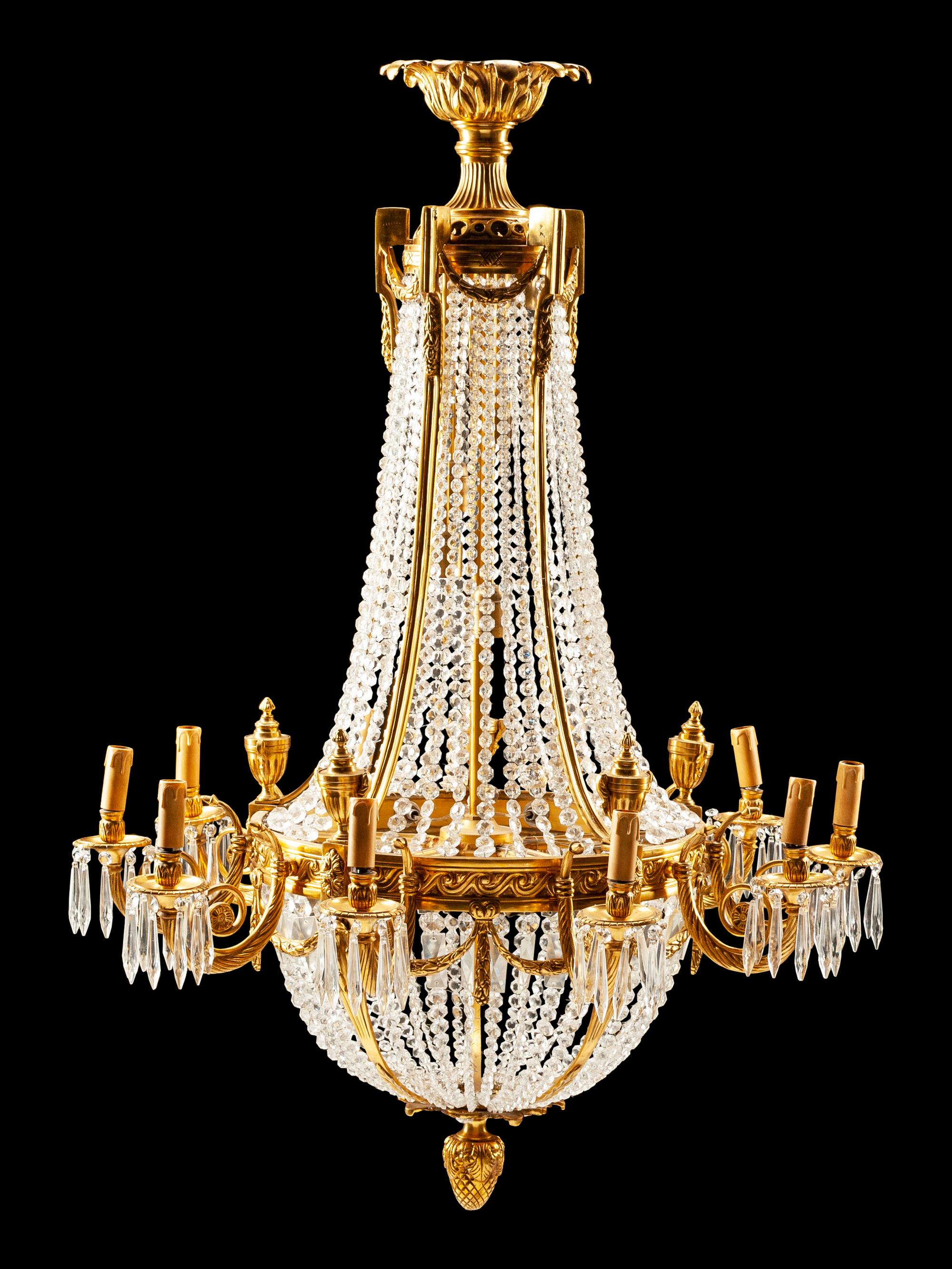 A Pair of Louis XVI Style Gilt-Bronze and Glass Ten-Light Chandeliers
