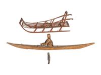 Inupiat Model Sled, Kayak, and Stone Figure, PLUS