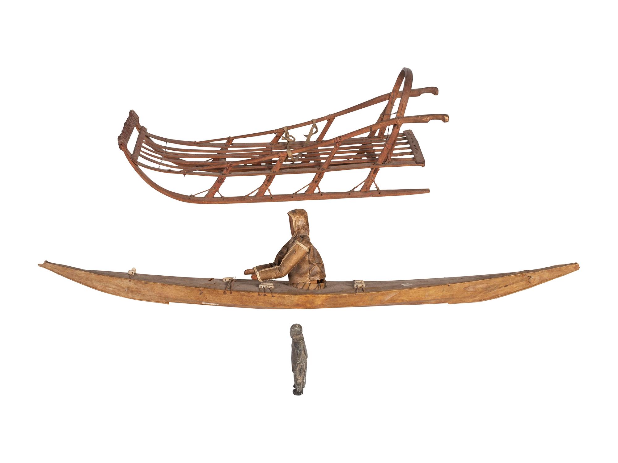 Inupiat Model Sled, Kayak, and Stone Figure, PLUS