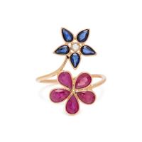 SYNTHETIC RUBY, SAPPHIRE AND DIAMOND FLOWER RING