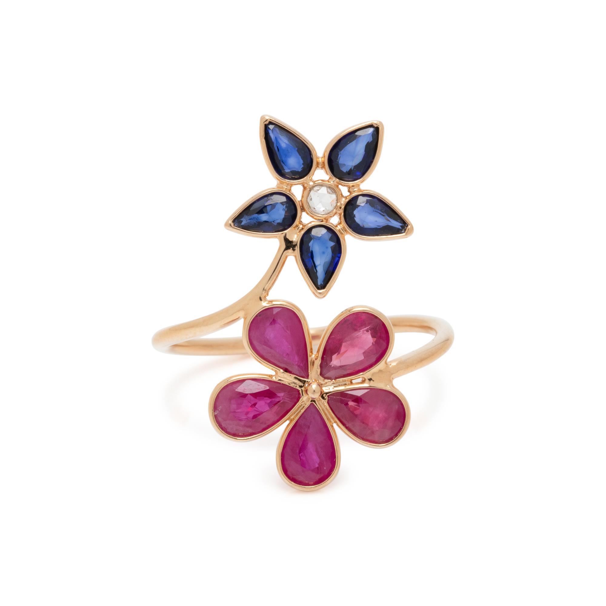SYNTHETIC RUBY, SAPPHIRE AND DIAMOND FLOWER RING