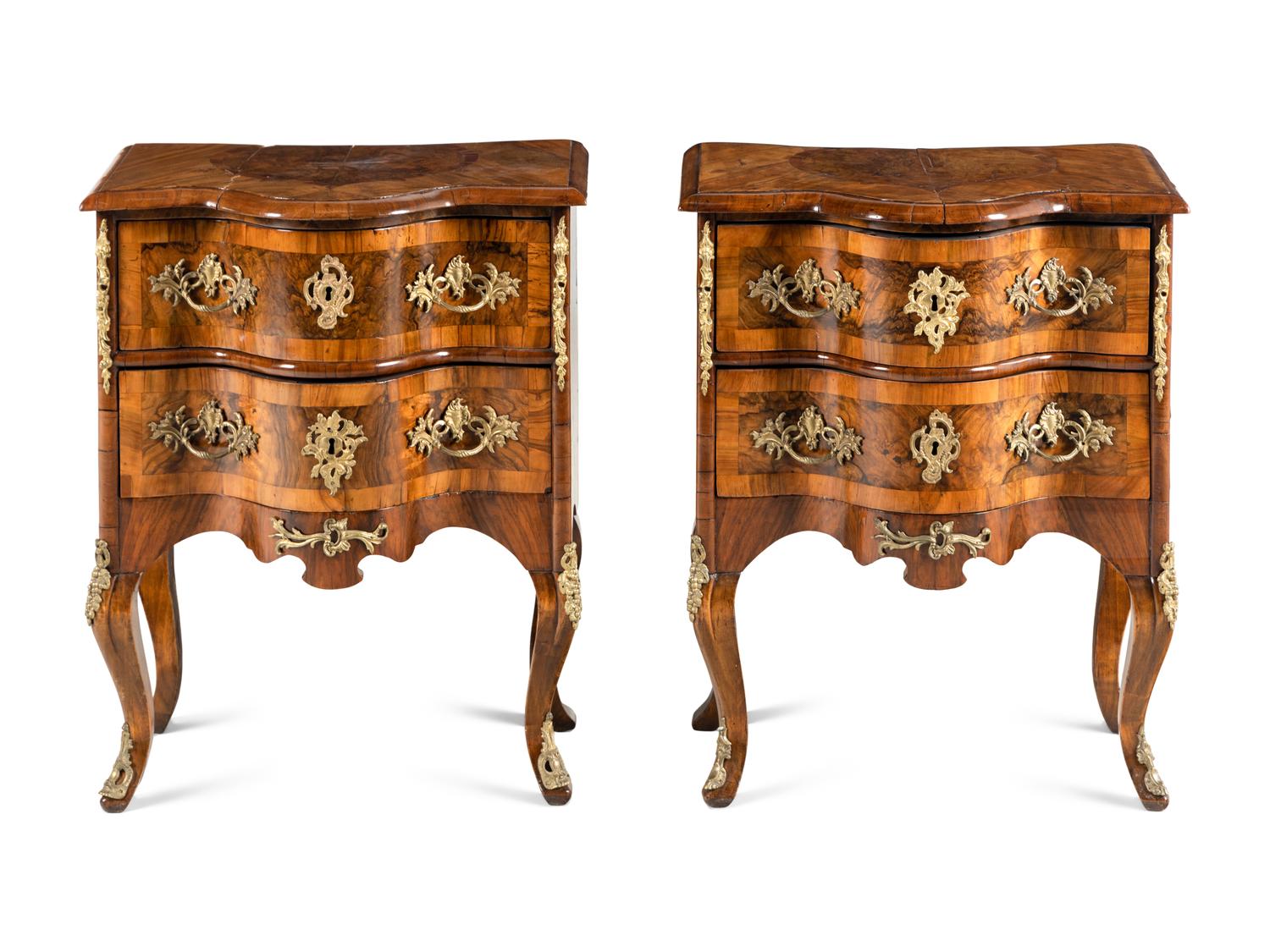 A Pair of Continental Gilt Metal Mounted Burlwood Commodes