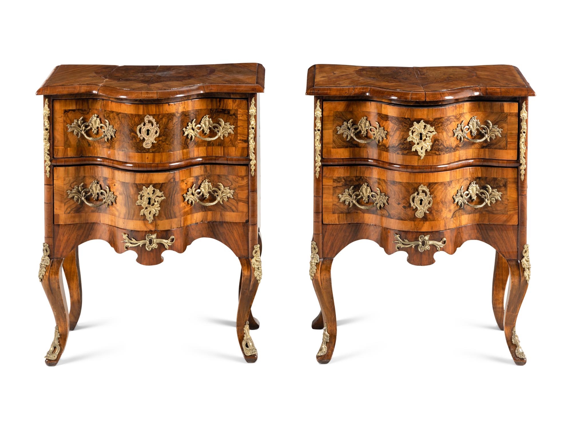 A Pair of Continental Gilt Metal Mounted Burlwood Commodes