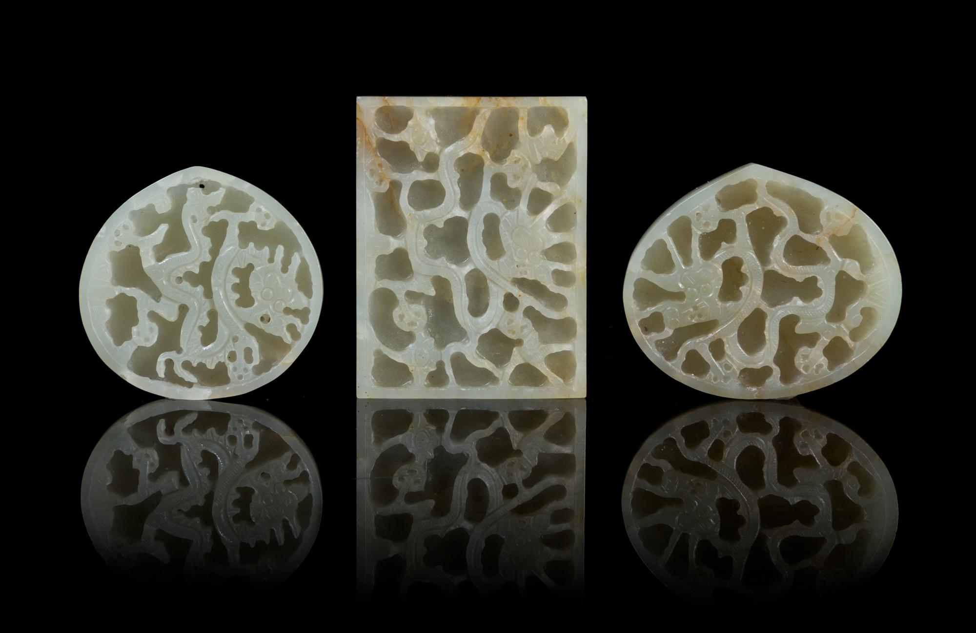 A Group of Three Carved Jade Belt Plaques LIKELY MING DYNASTY Length of largest 2 3/4 inches. — LIKELY MING DYNASTY