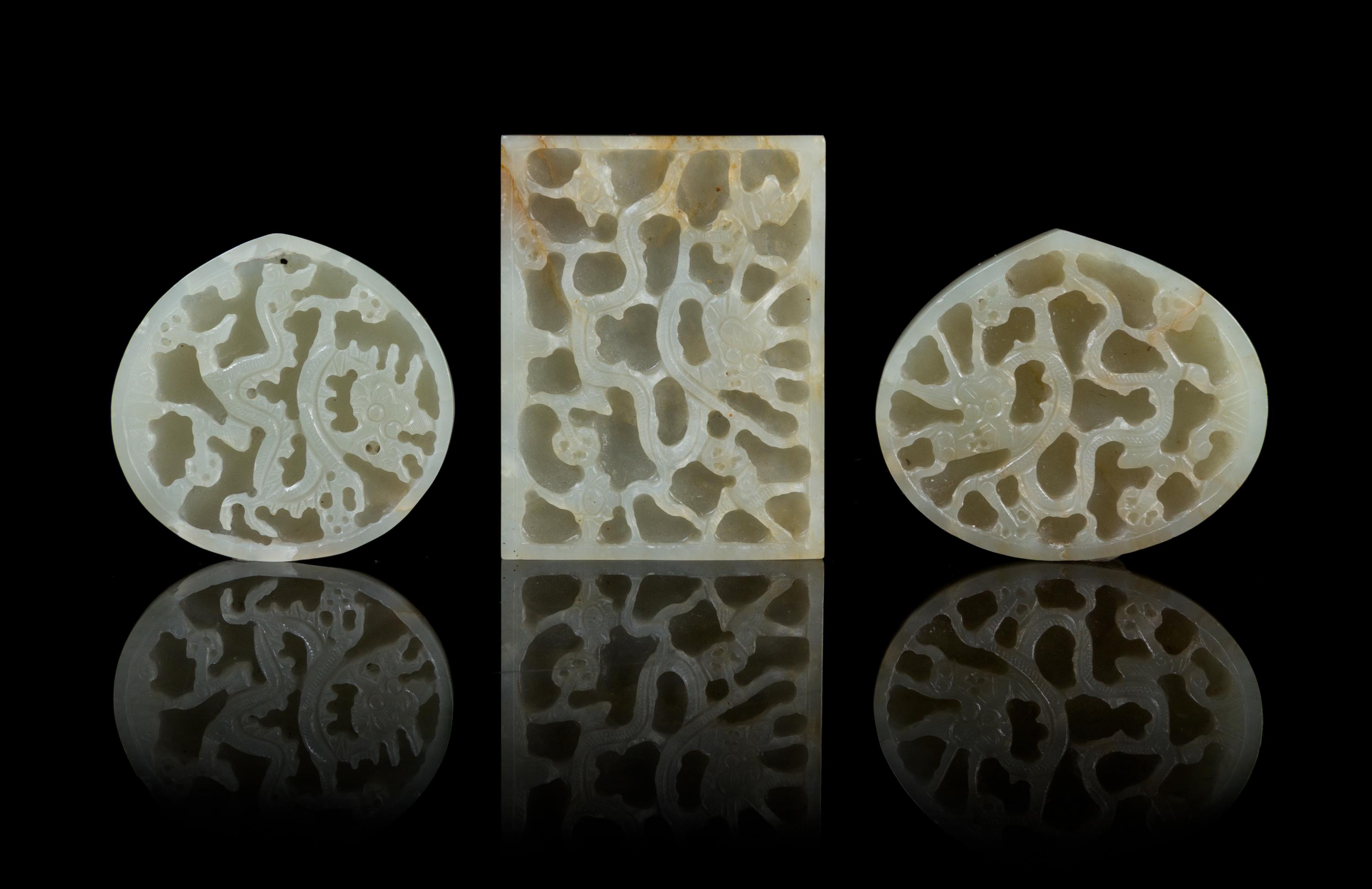 A Group of Three Carved Jade Belt Plaques LIKELY MING DYNASTY Length of largest 2 3/4 inches. — LIKELY MING DYNASTY