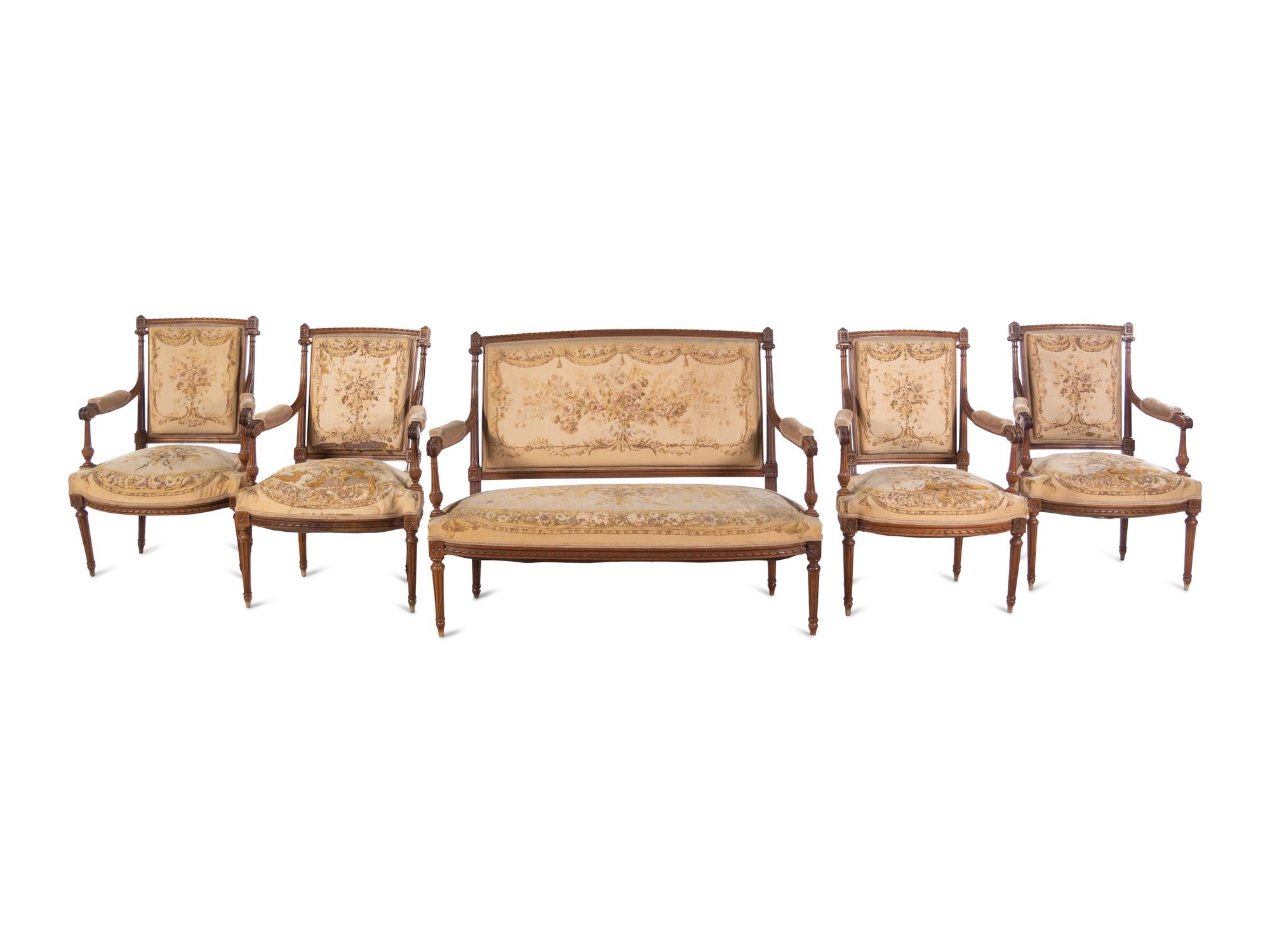 A Louis XVI Style Five-Piece Seating Suite with Tapestry Upholstery