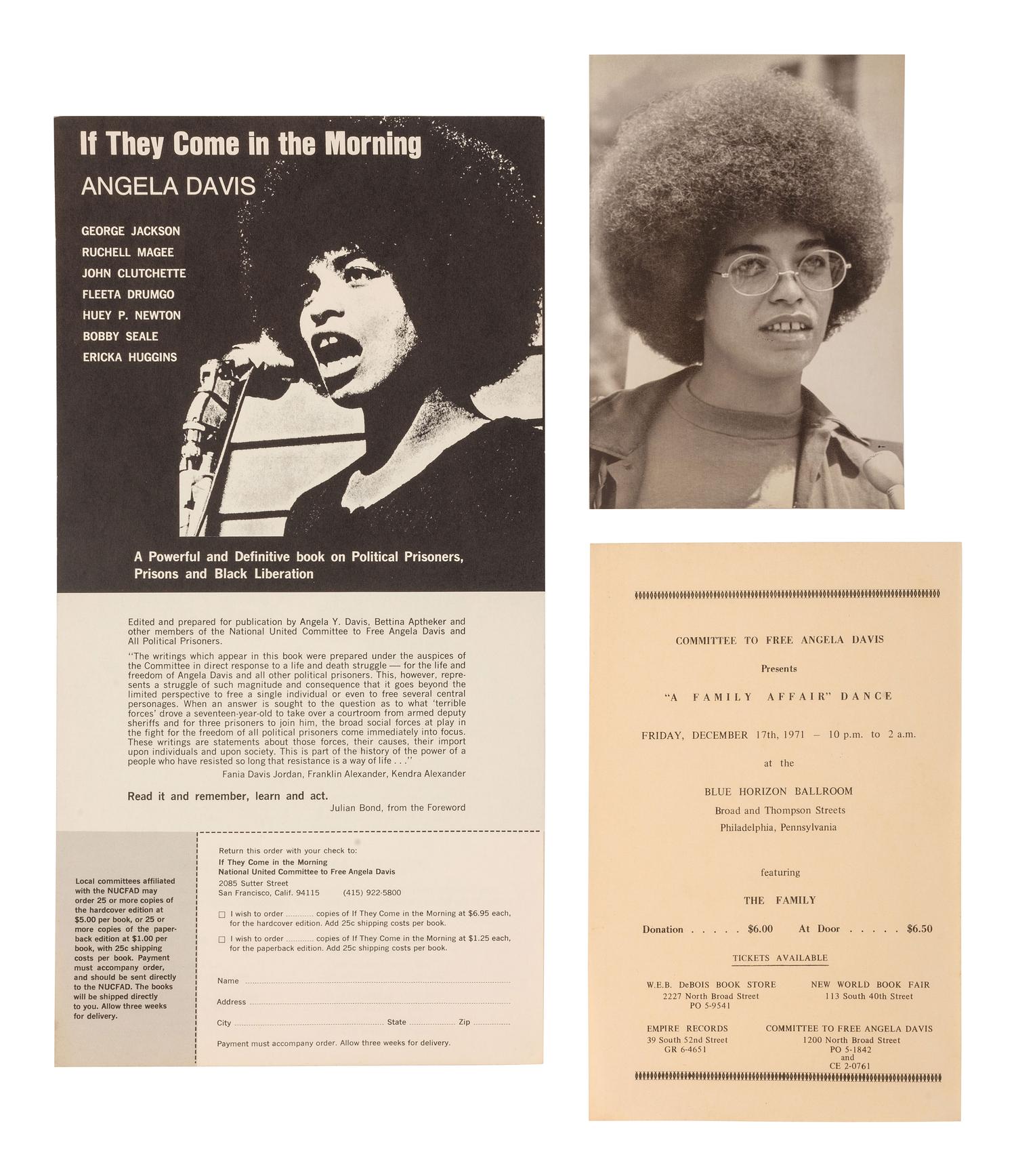[DAVIS, ANGELA (b. 1944)]. 5 items, incl. posters, flyers, and a photograph documenting the effort to acquit Angela Davis, ca 1970-1977.