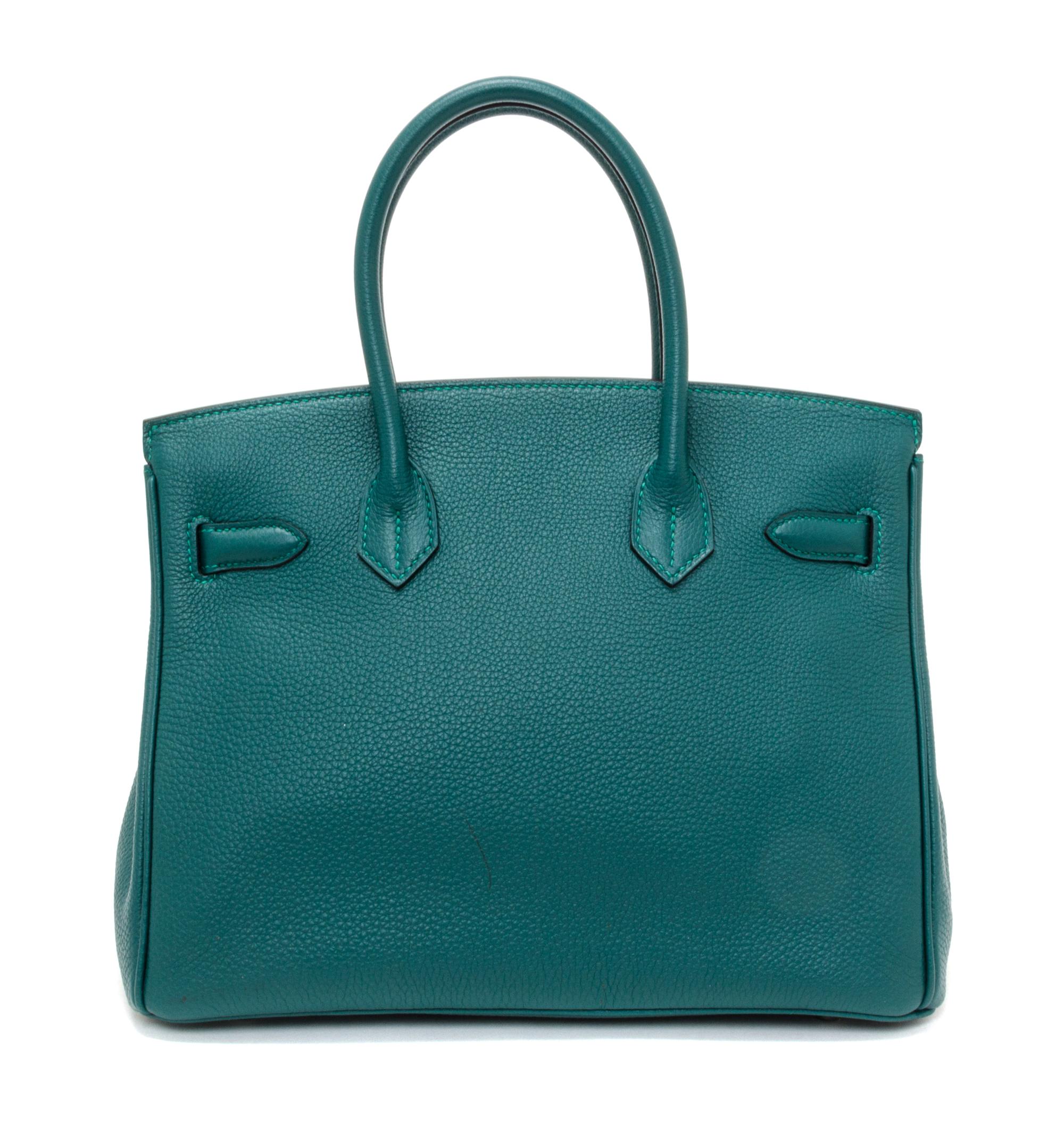 An Hermes Malachite Togo 30cm Birkin Handbag, 12" x 8.5" x 6".