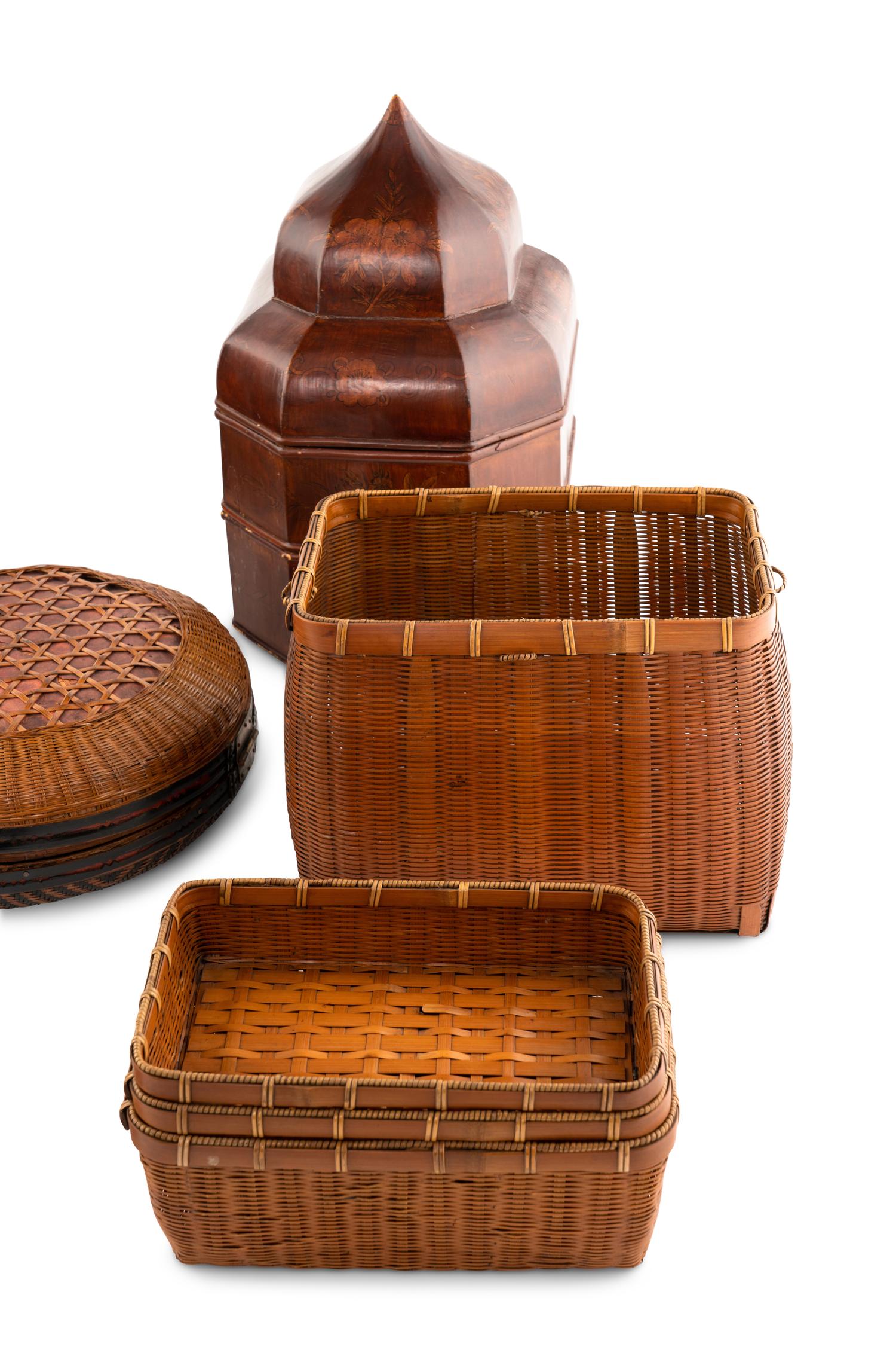 A Collection of Ten Lacquered and Woven Baskets