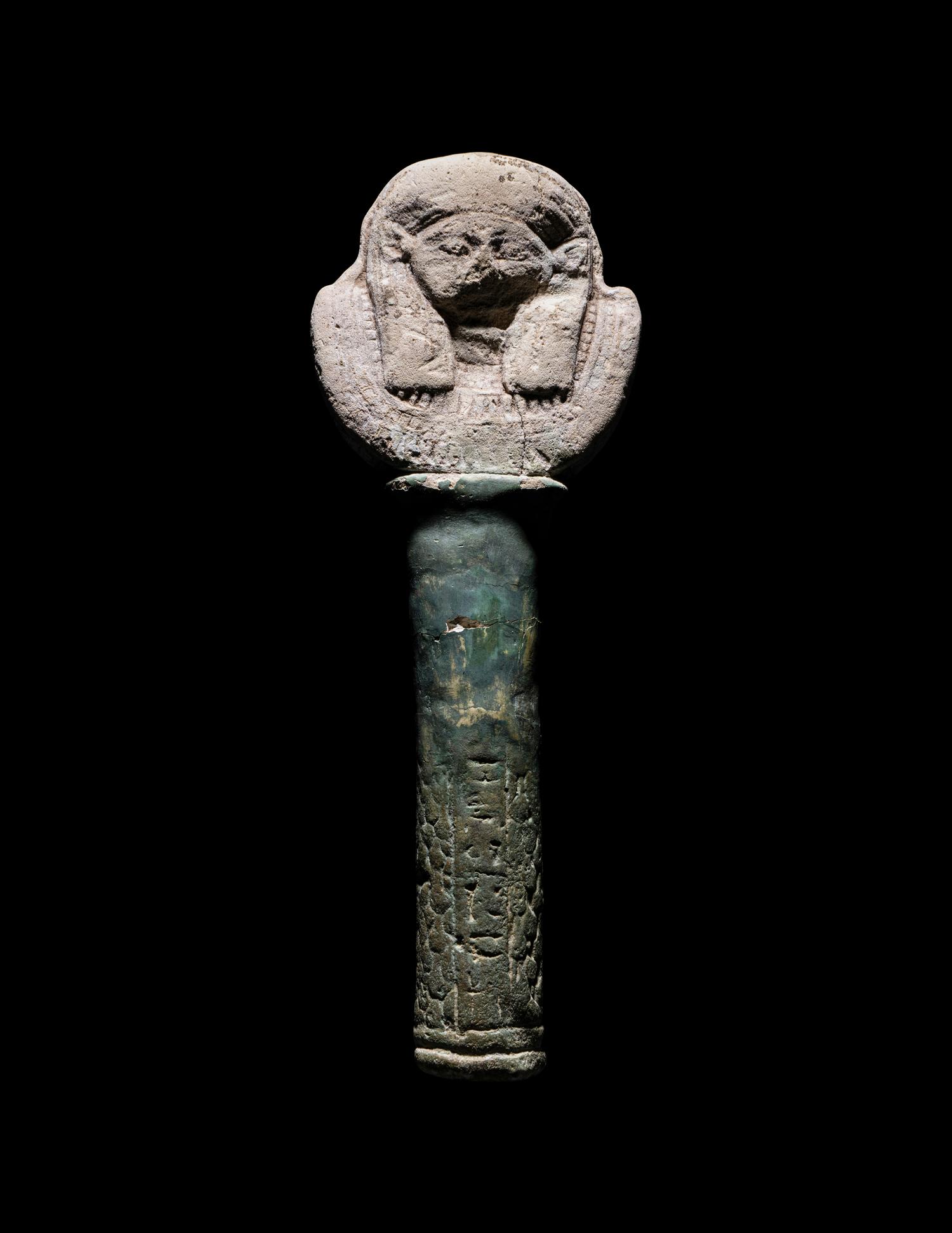 An Egyptian Faience Sistrum Handle with Hathor