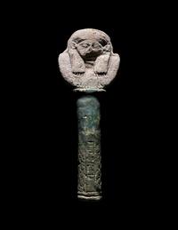 An Egyptian Faience Sistrum Handle with Hathor