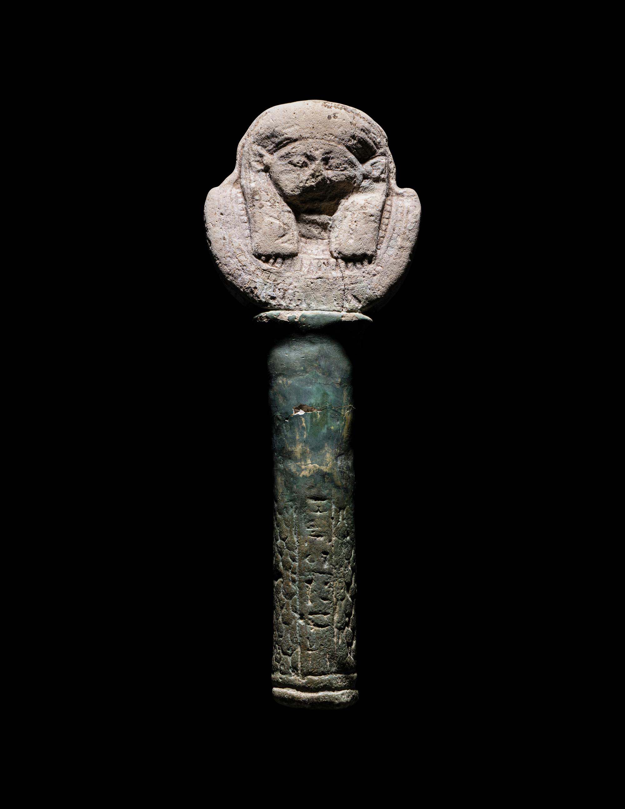 An Egyptian Faience Sistrum Handle with Hathor