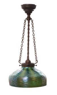 A Tiffany Studios Damascene Favrile Glass and Bronze Fixture Diameter of shade 9 7/8 inches, height overall 20 1/2 inches.