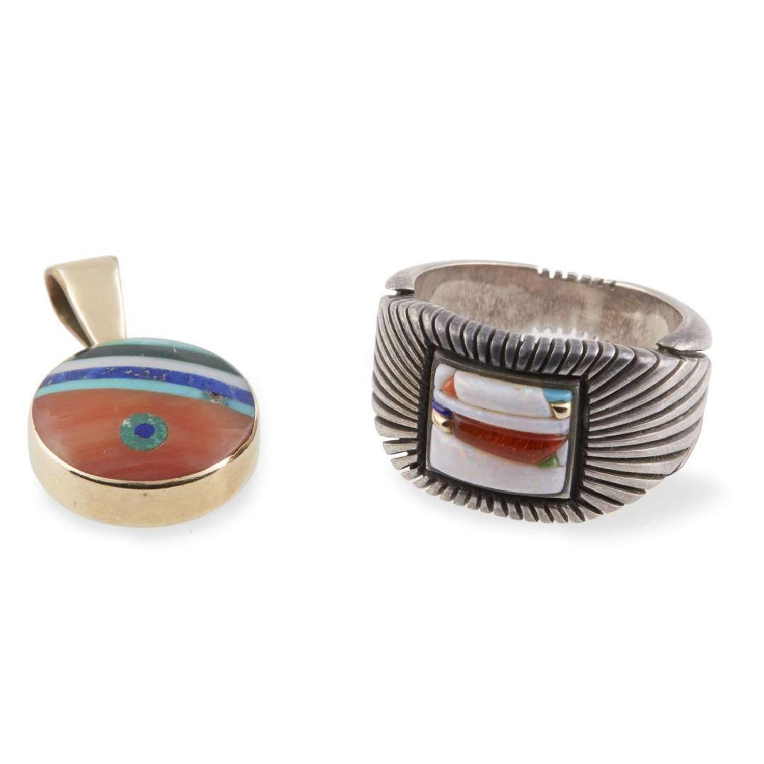 Navajo 14 karat gold and inlaid hardstone pendant and inlaid silver ring Jesse Monongye (b. 1952) and Raymond Yazzie, 20th century