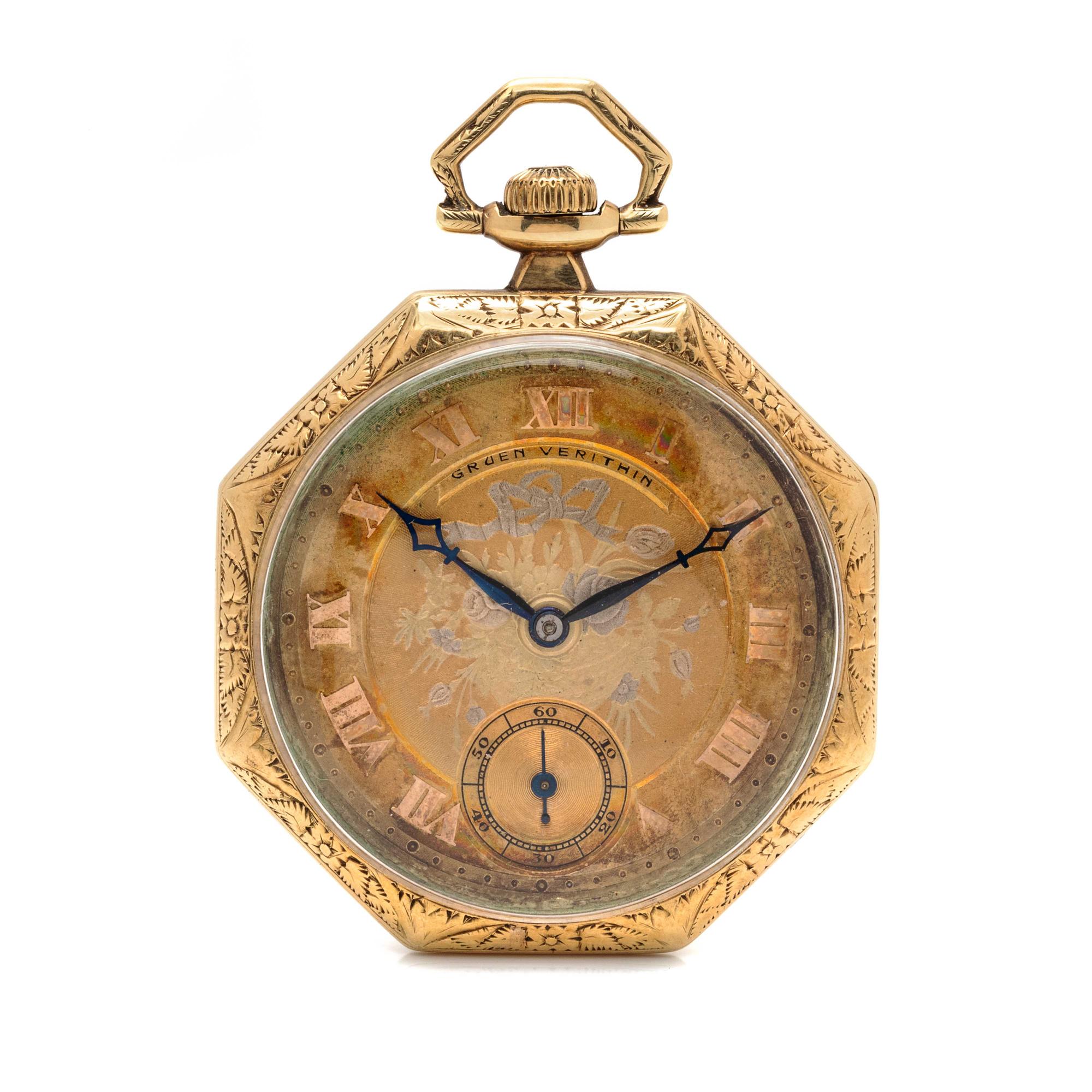 GRUEN, 14K YELLOW GOLD 'VERITHIN' OPEN FACE POCKET WATCH