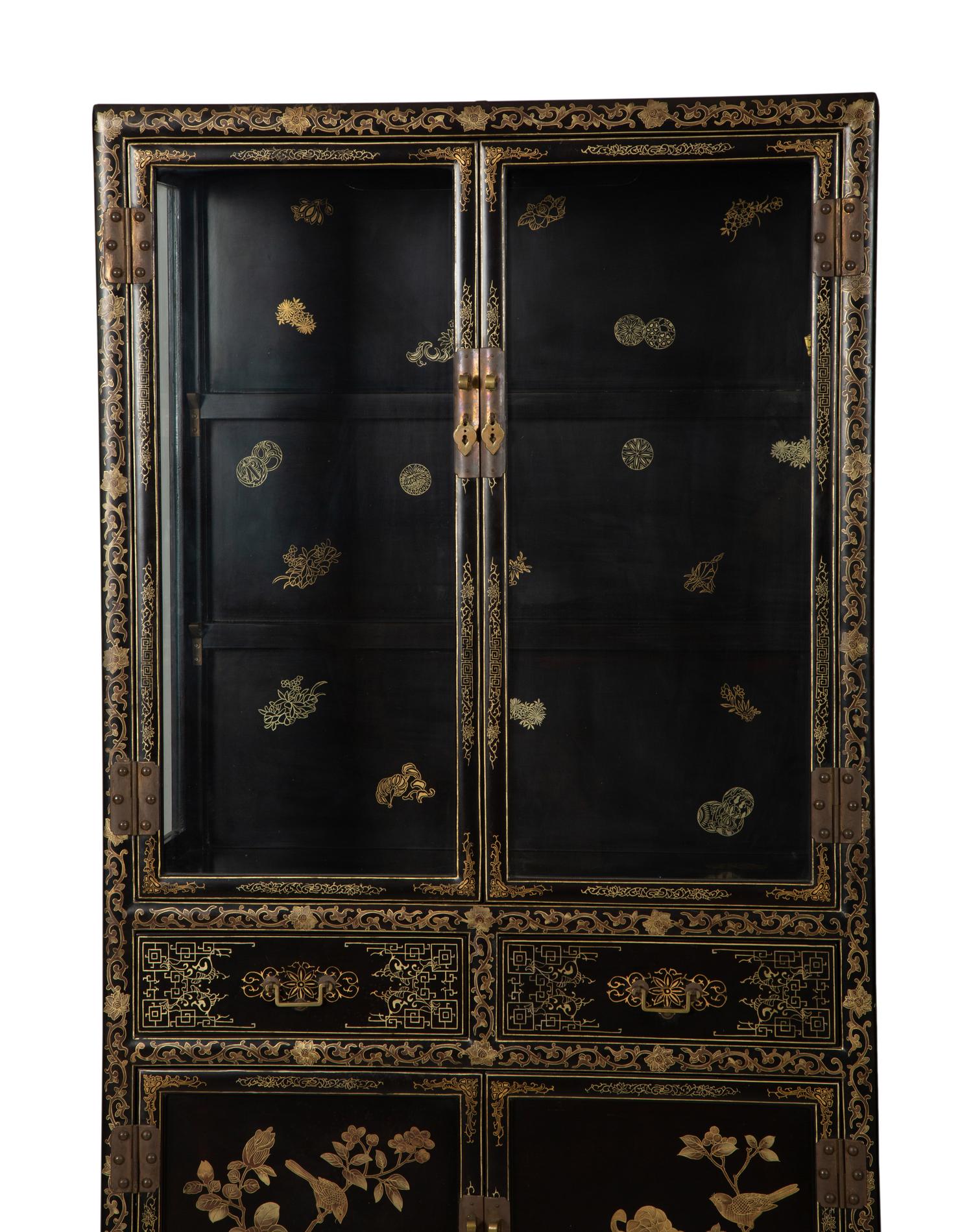 A Pair of Chinese Gilt Decorated Black Lacquer Vitrine Cabinets