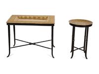 Two Chased Brass Tray-Top Occasional Tables with Ebonized and Gilt Stands — 20th Century