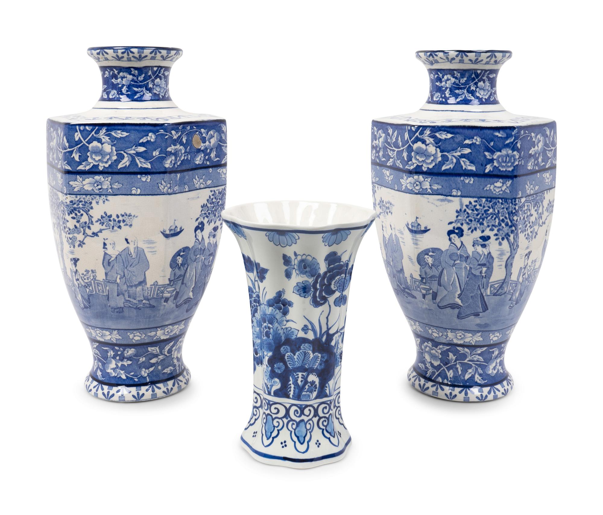A Pair of English Blue and White Transfer-Printed Earthenware Hexagonal Vases — EMPIRE POTTERY CO., STOKE ON TRENT, LATE 19TH CENTURY