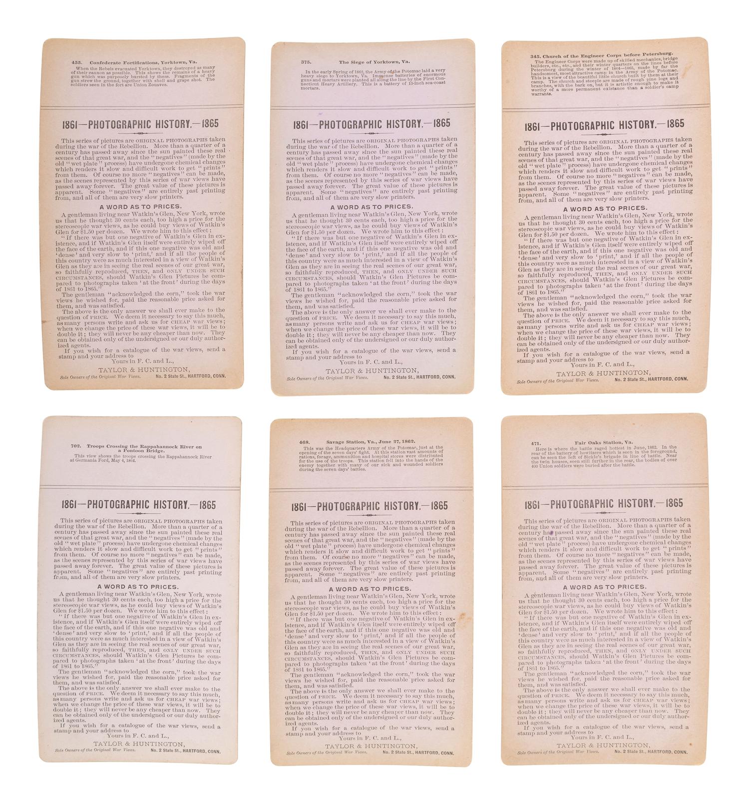 [CIVIL WAR]. A group of 24 stereoviews featuring scenes around Virginia including artillery, fortifications, Confederate prisons, and other subjects. Hartford, CT: Taylor & Huntington, ca 1890s.