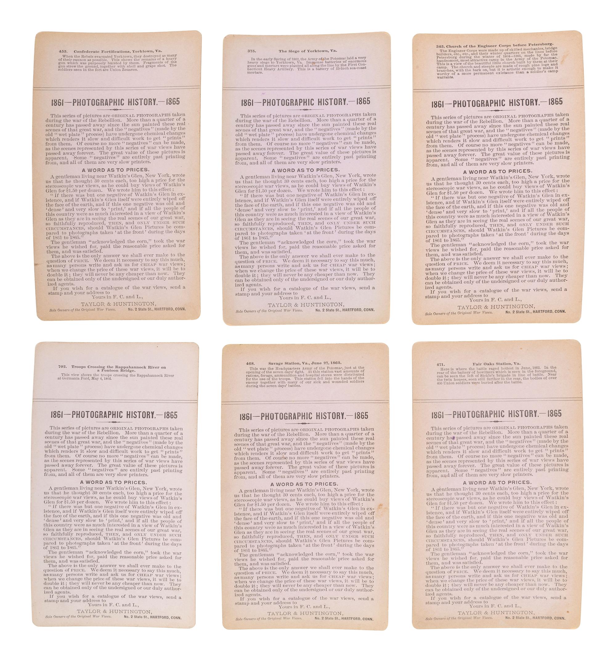 [CIVIL WAR]. A group of 24 stereoviews featuring scenes around Virginia including artillery, fortifications, Confederate prisons, and other subjects. Hartford, CT: Taylor & Huntington, ca 1890s.