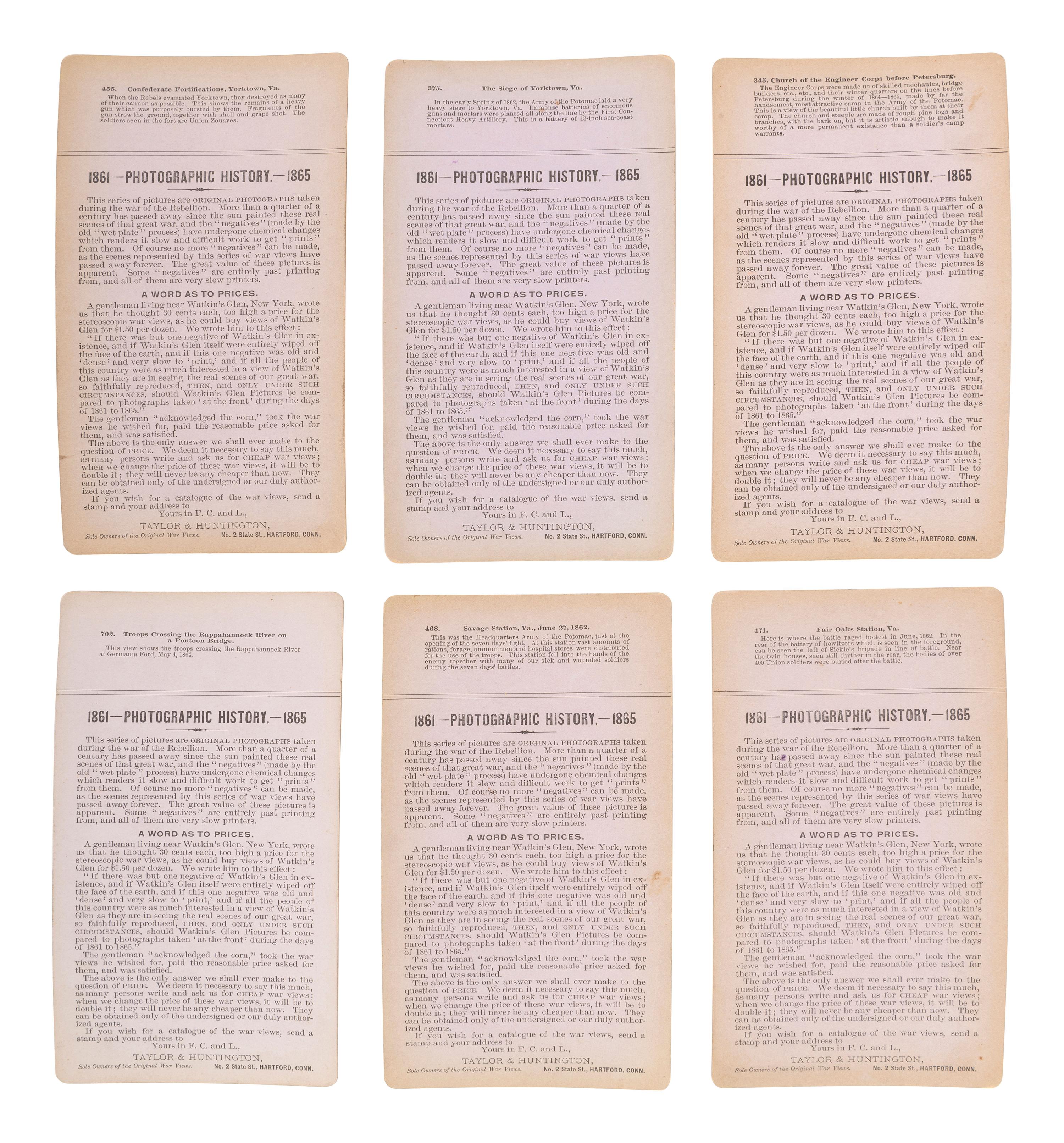 [CIVIL WAR]. A group of 24 stereoviews featuring scenes around Virginia including artillery, fortifications, Confederate prisons, and other subjects. Hartford, CT: Taylor & Huntington, ca 1890s.