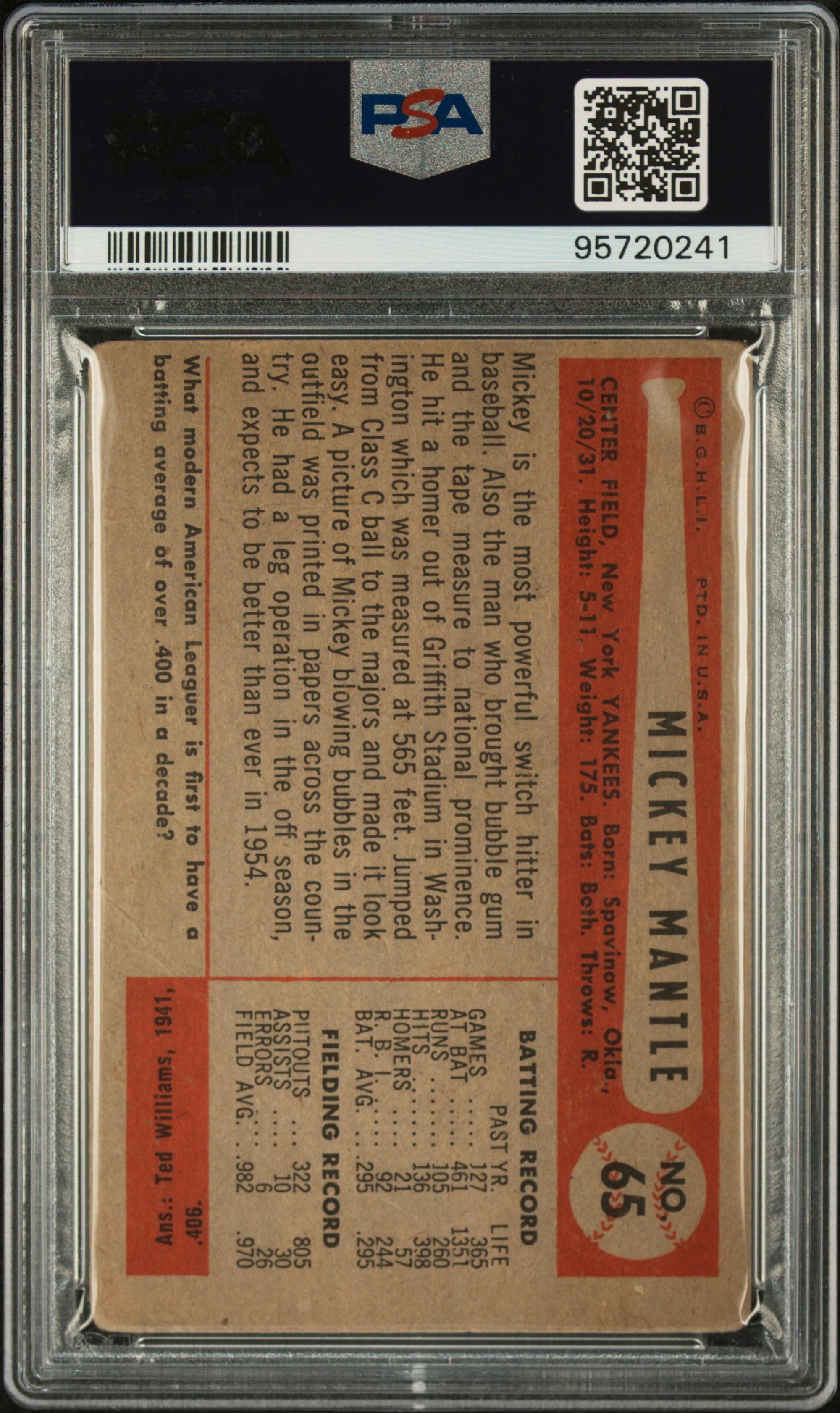 A 1954 Bowman Mickey Mantle Baseball Card No. 65 (PSA 1.5)