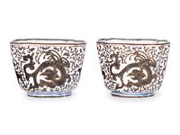 A Pair of Canton Enamel on Copper Square Wine Cups