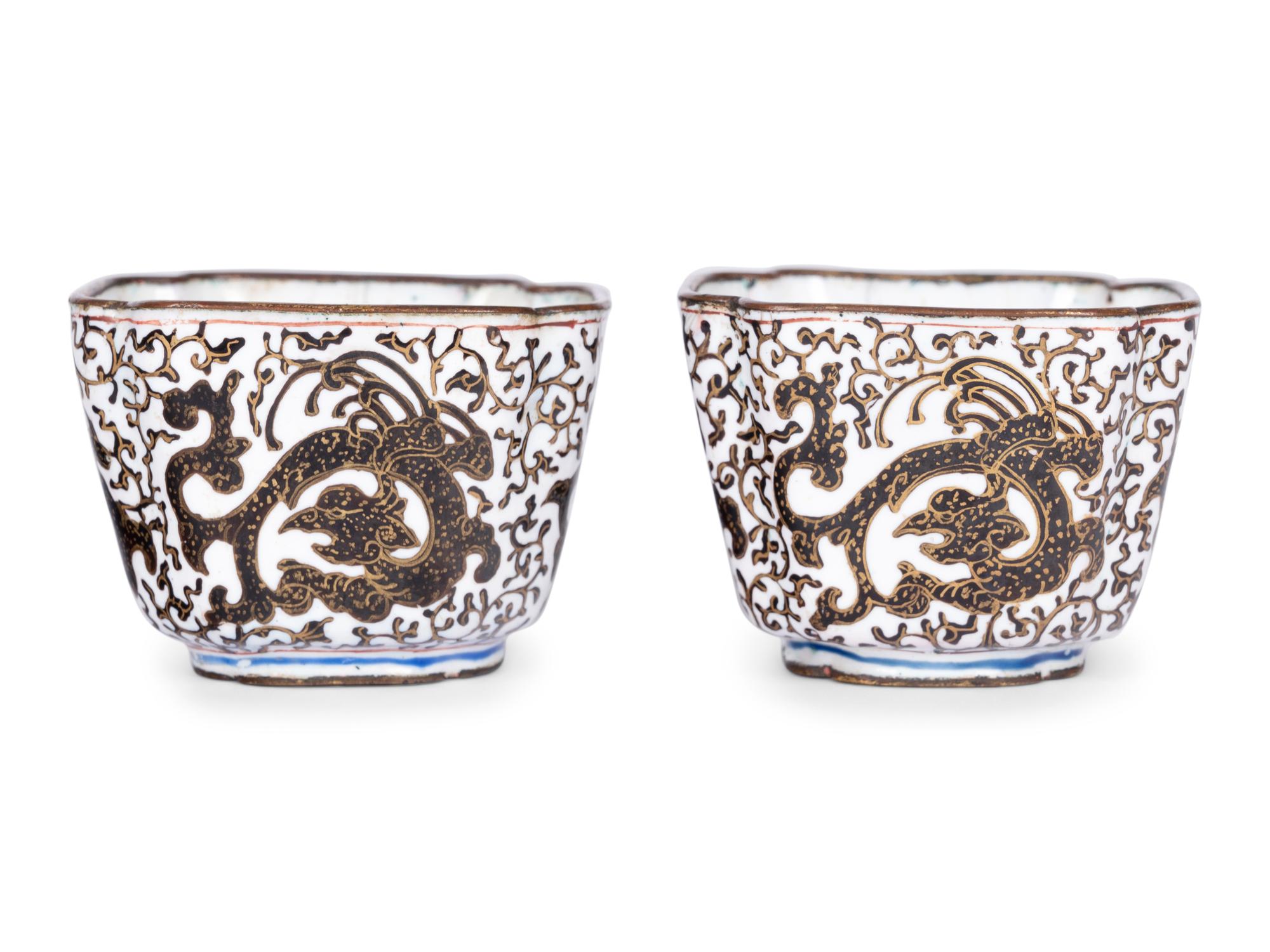 A Pair of Canton Enamel on Copper Square Wine Cups