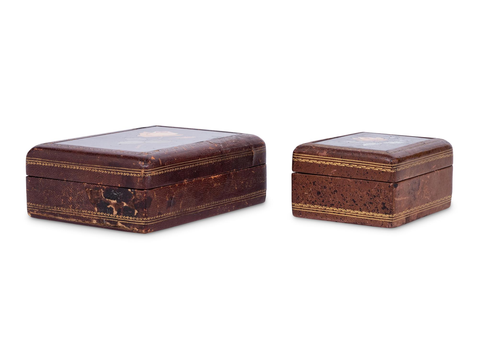 Two Continental Pietra Dura and Tooled Leather Boxes