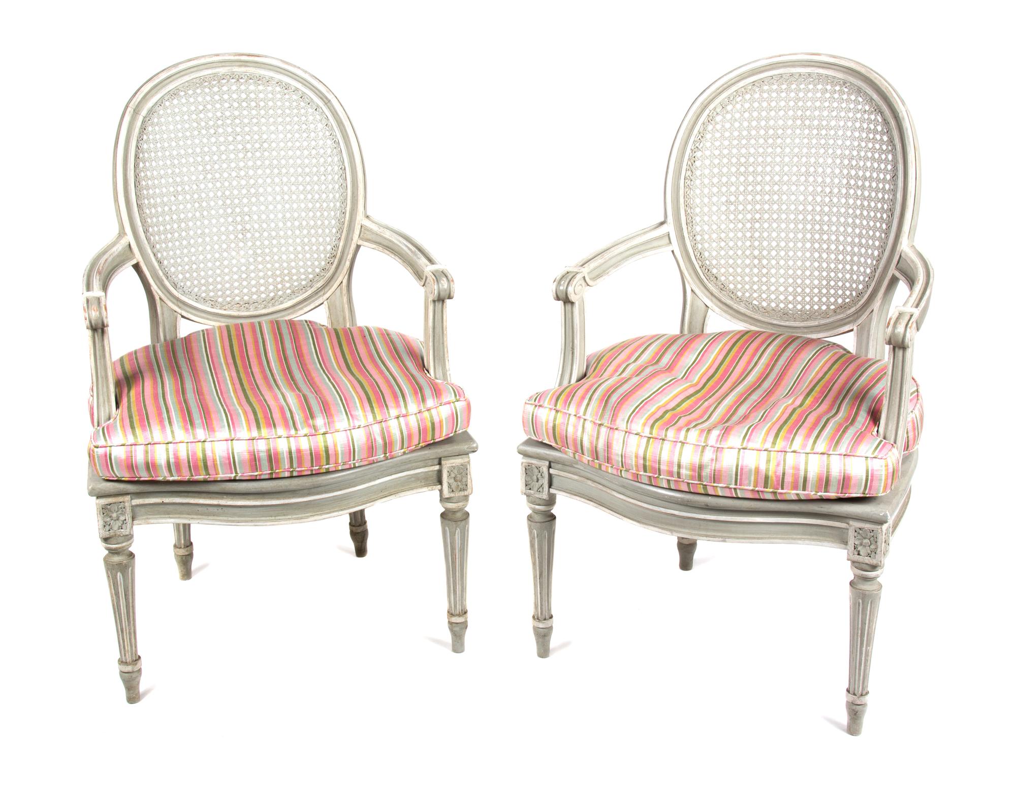 A Pair of Louis XVI Style Painted Fauteuils Height 34 12 inches. — 20TH CENTURY
