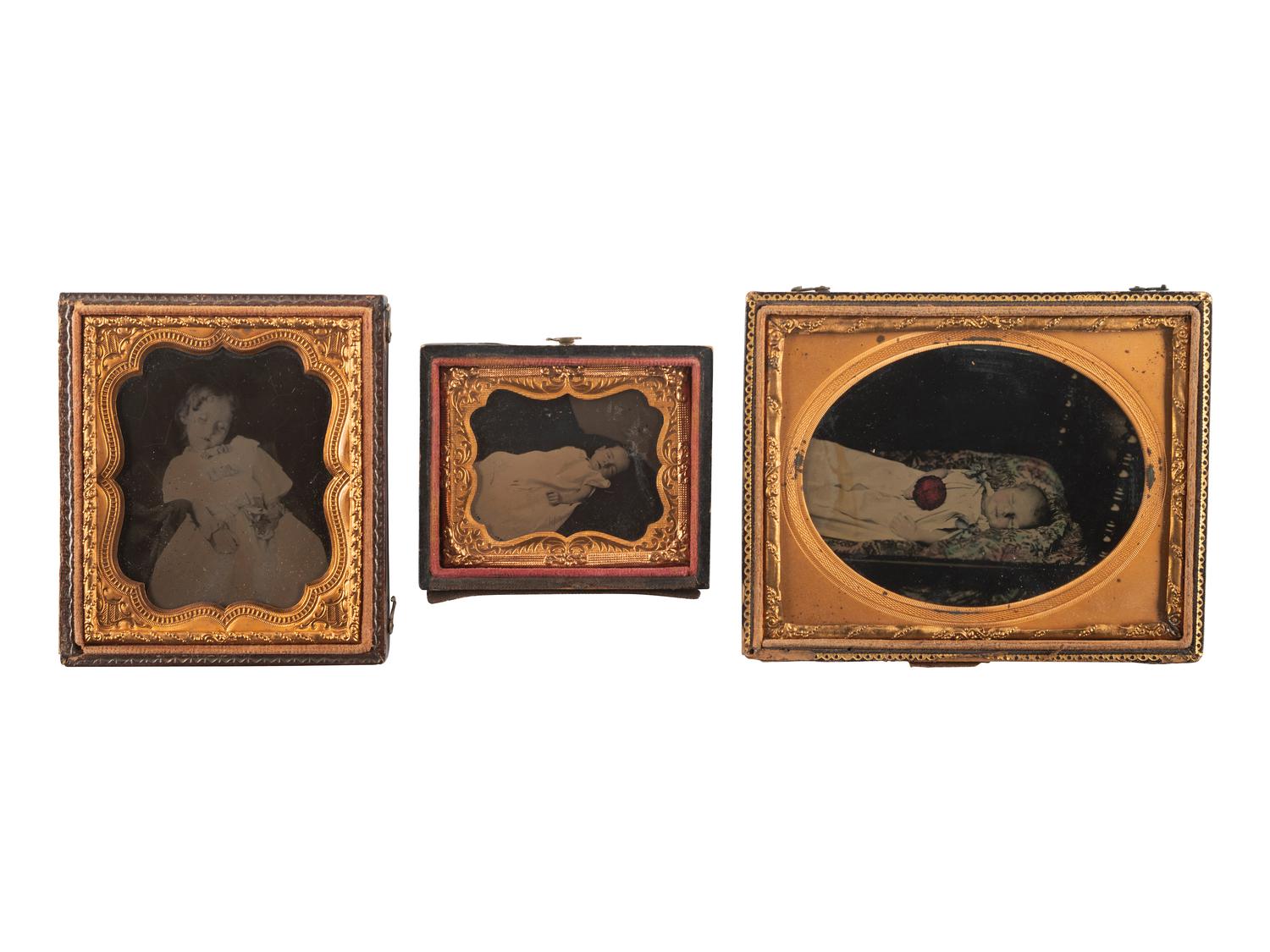 [EARLY PHOTOGRAPHY]. A group of 5 post mortem images of babies and children, featuring possible French Canadian image, including: