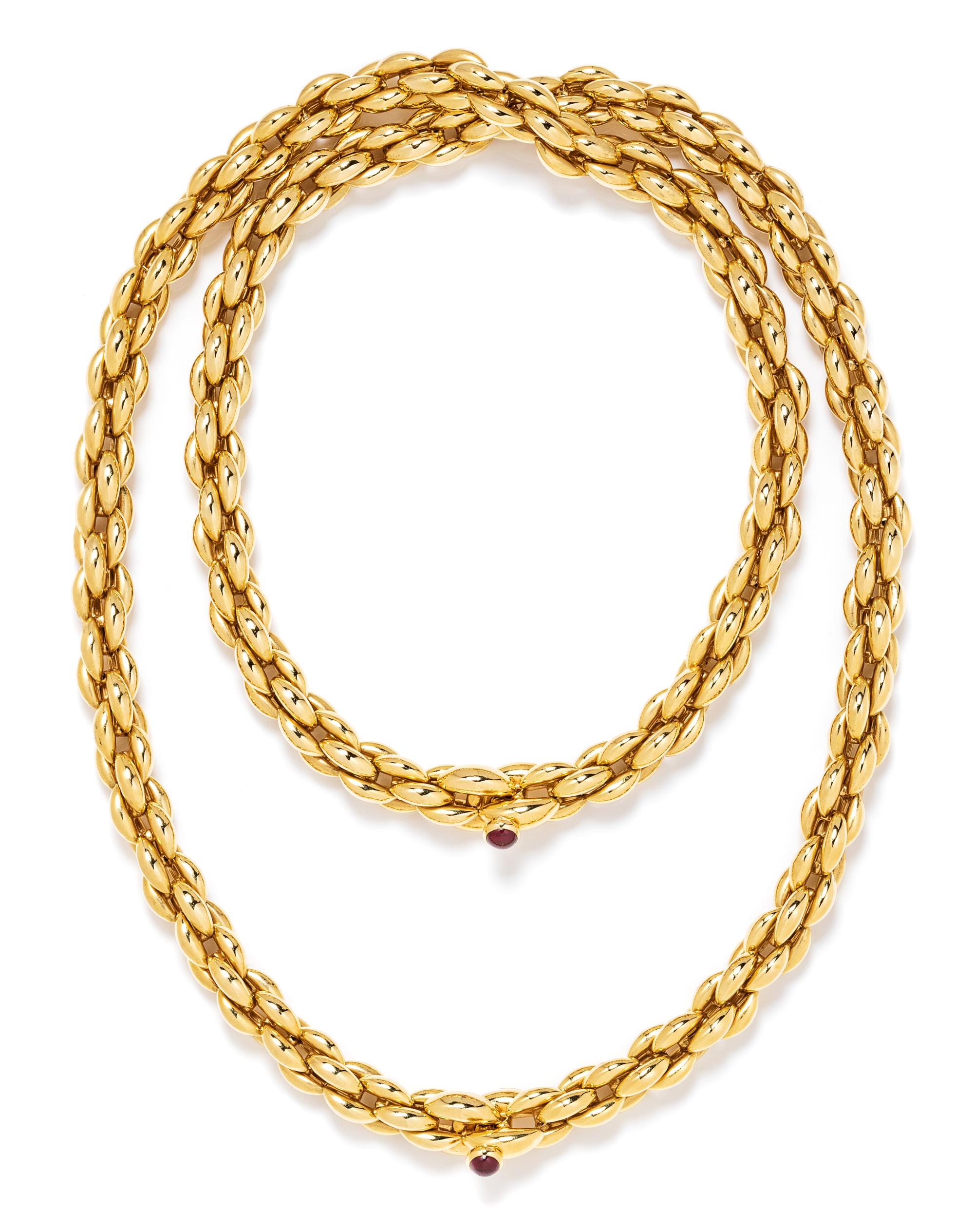 An 18 Karat Yellow Gold and Garnet Convertible Longchain Necklace, Neiman Marcus, 128.70 dwts.