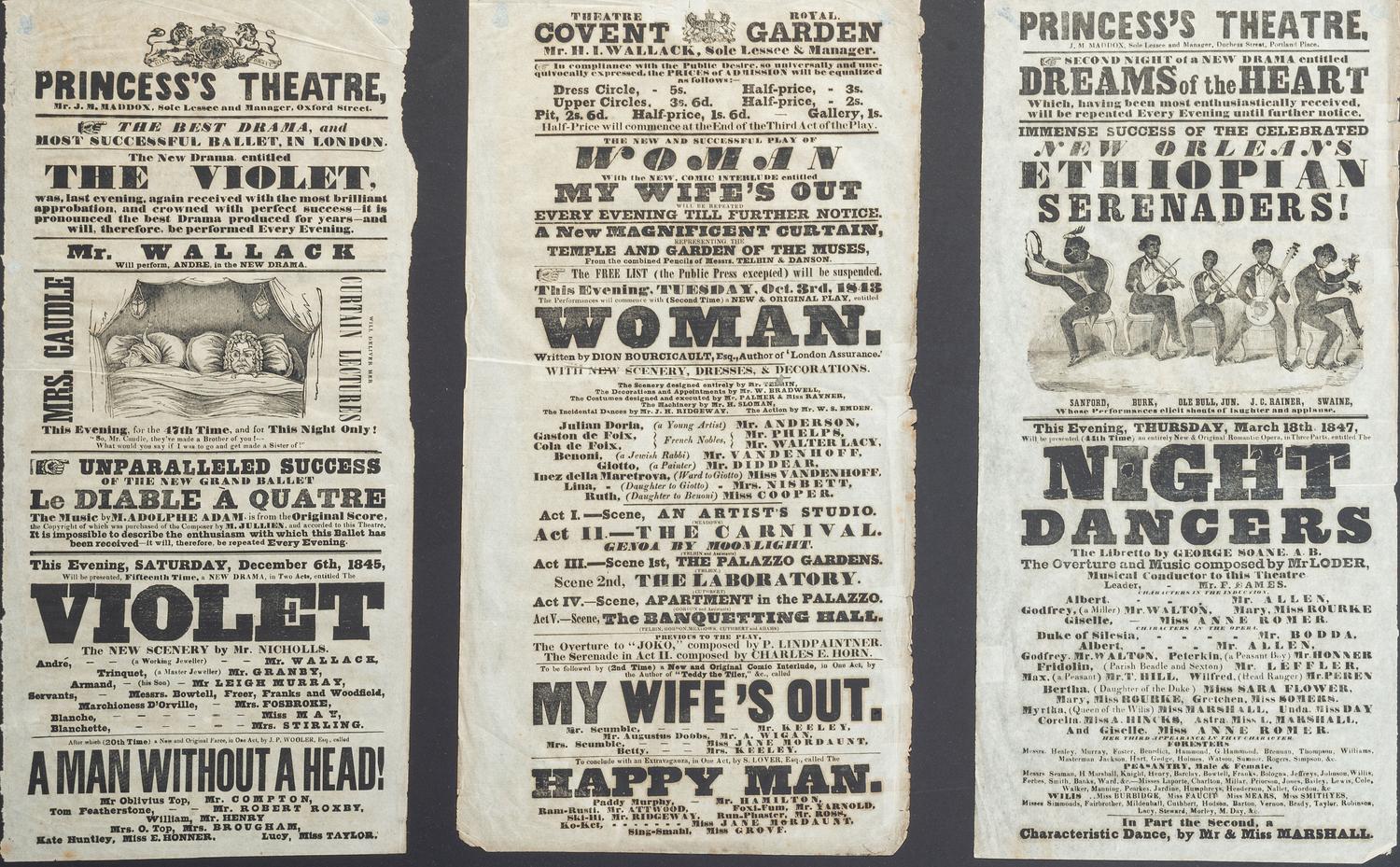 [MUSIC] -- [THEATRE]. A group of 3 theatrical broadsides promoting the New Orleans Ethiopian Serenaders, "The Violet", and "Woman."