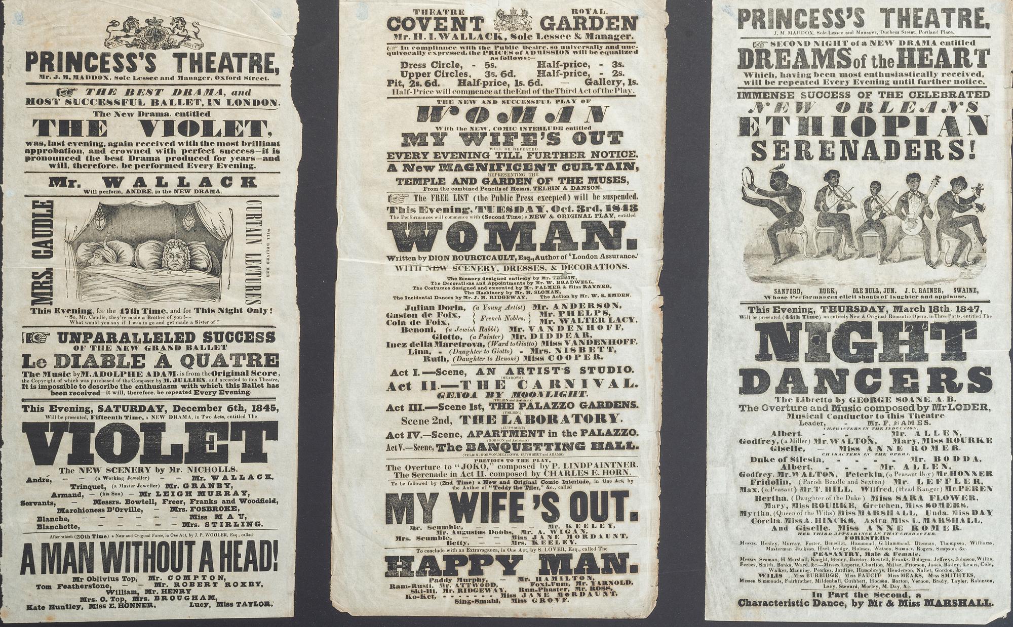 [MUSIC] -- [THEATRE]. A group of 3 theatrical broadsides promoting the New Orleans Ethiopian Serenaders, "The Violet", and "Woman."