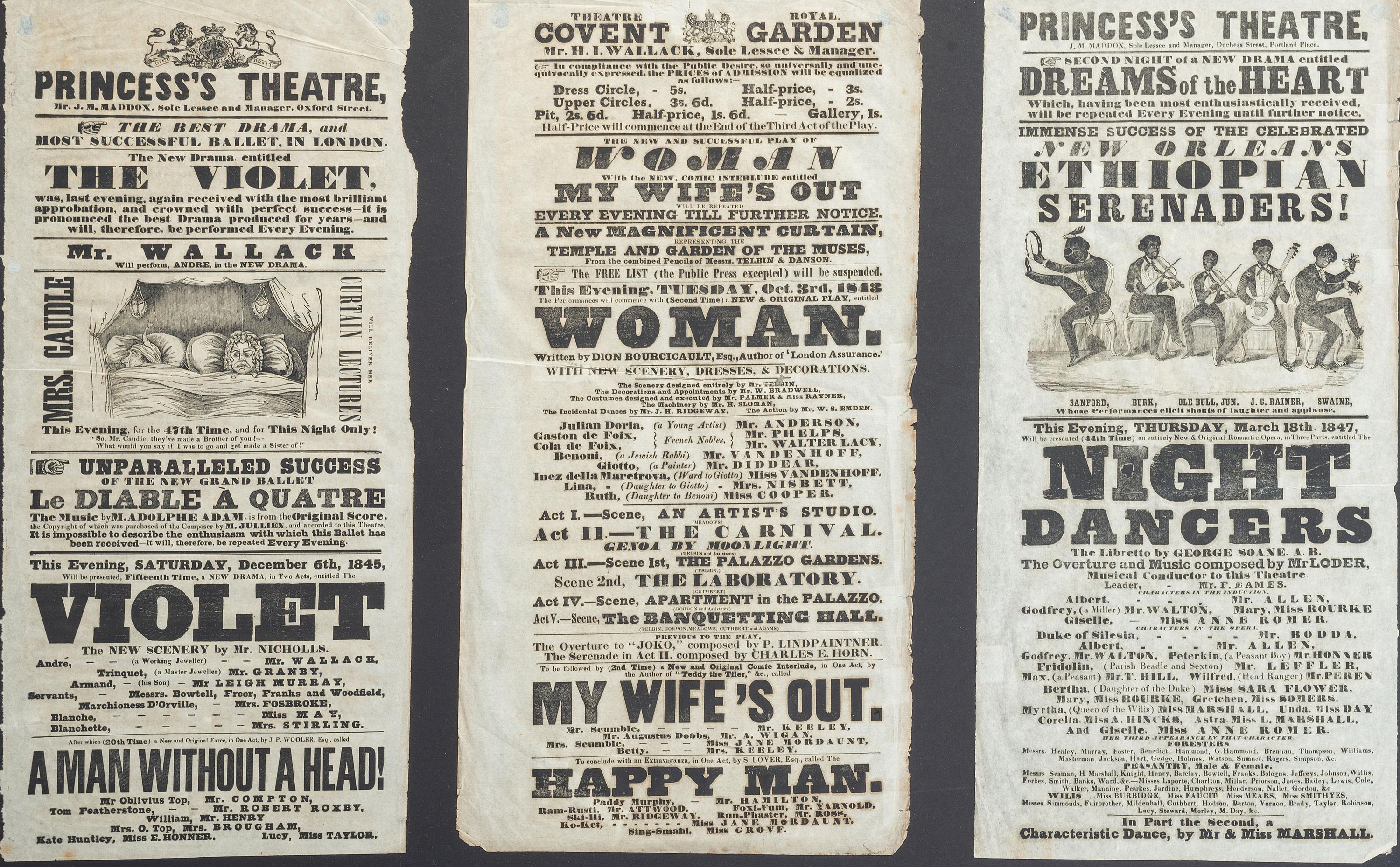 [MUSIC] -- [THEATRE]. A group of 3 theatrical broadsides promoting the New Orleans Ethiopian Serenaders, "The Violet", and "Woman."